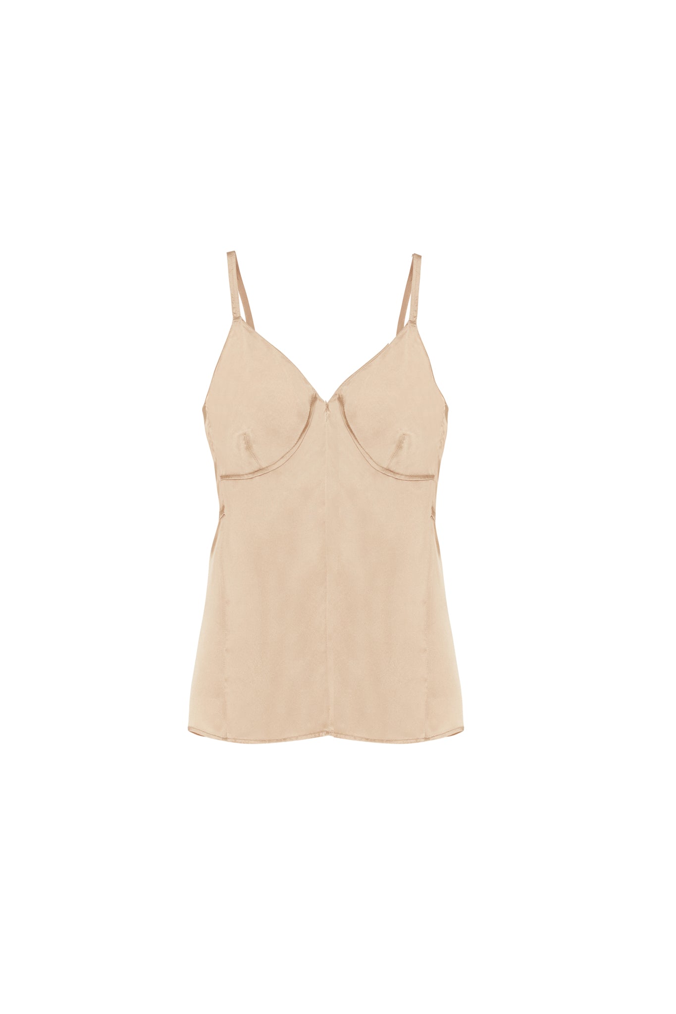 Catherine Gee - Catherine Tank Champagne, a beige silk camisole top with thin adjustable straps and a fitted design.