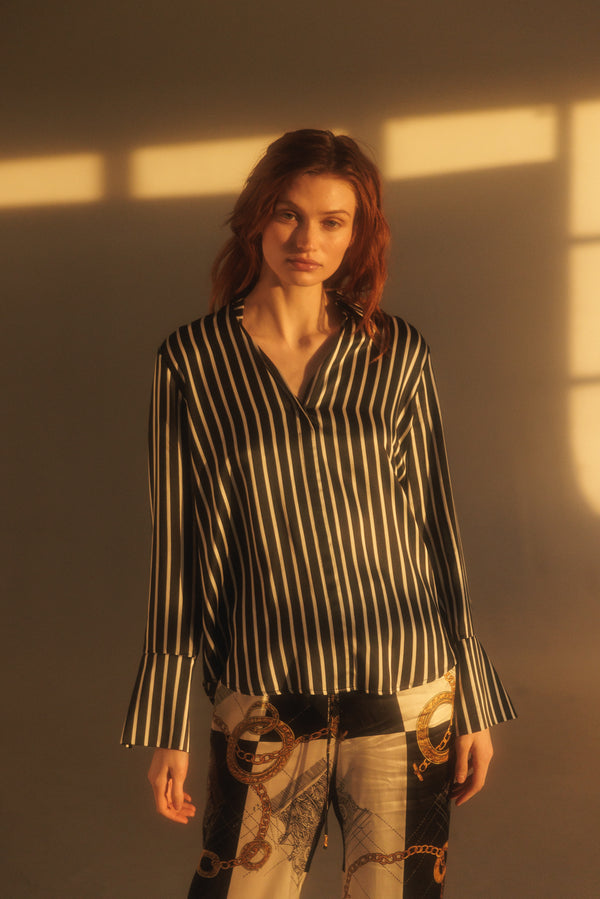Daria French Cuff Silk Blouse - B/W Stripe | CG DESIGN, LLC..