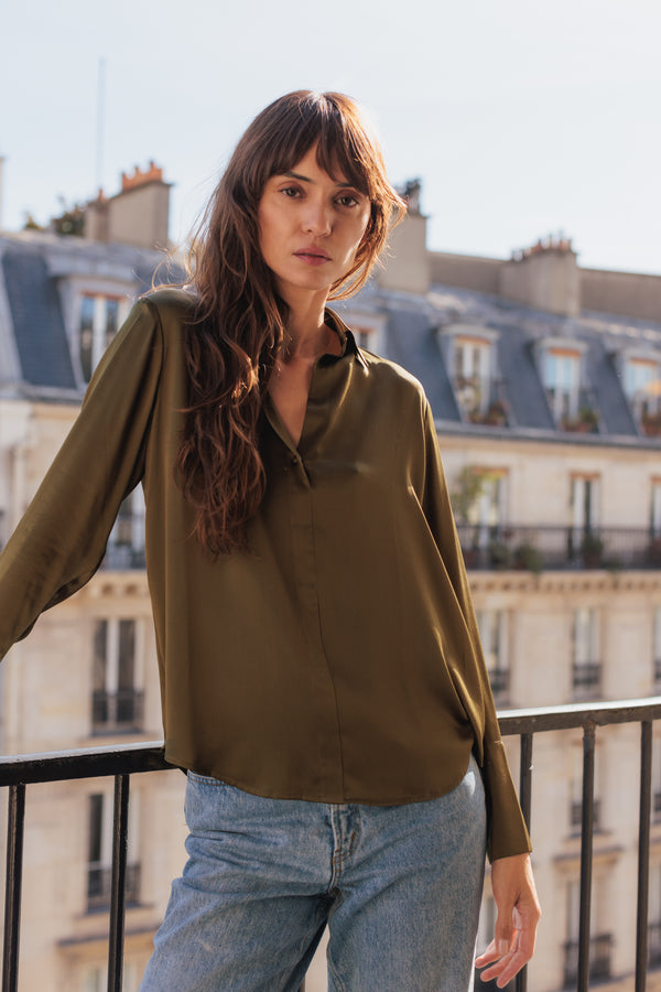 Daria French Cuff Silk Blouse - Army Green