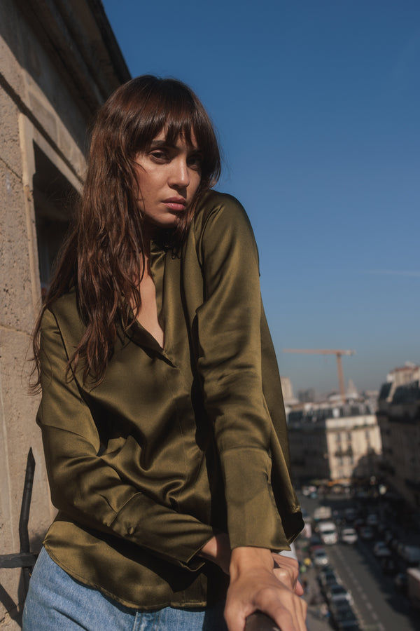 Daria French Cuff Silk Blouse - Army Green