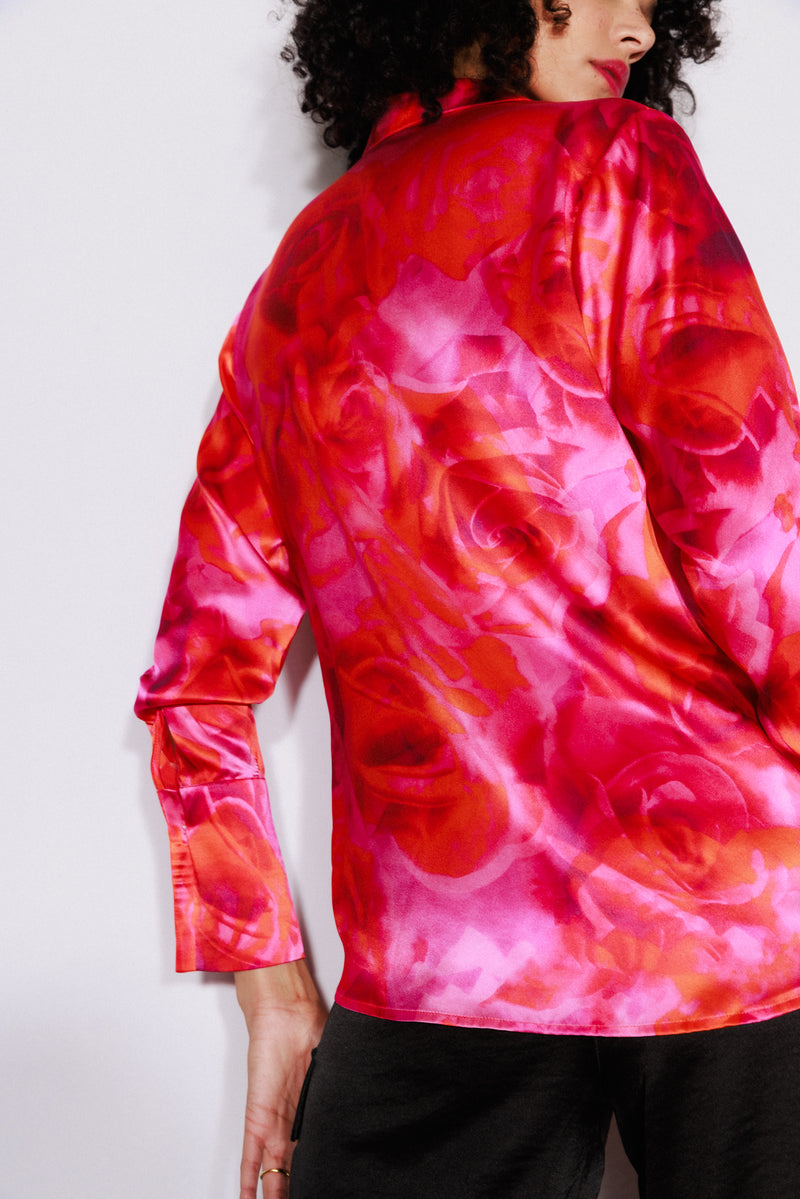 Daria French Cuff Silk Blouse - Hot Roses