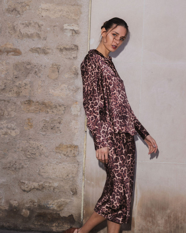 Daria French Cuff Silk Blouse - Mocha leopard