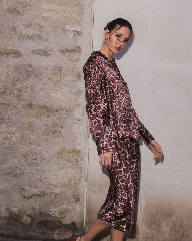 Daria French Cuff Silk Blouse - Mocha leopard