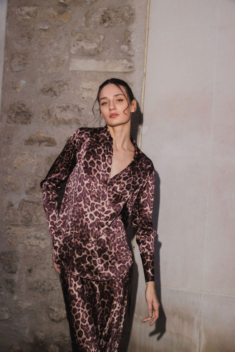 Daria French Cuff Silk Blouse - Mocha leopard