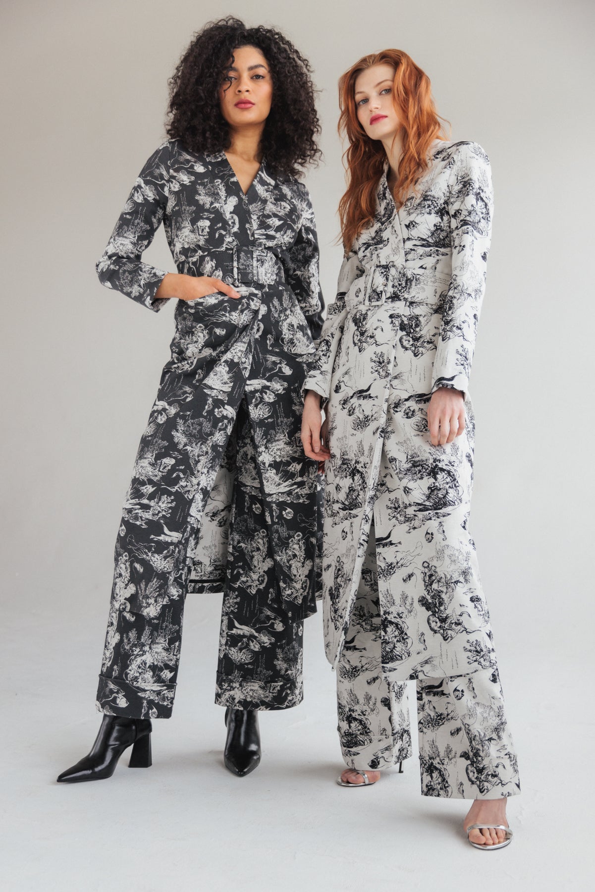 Marianne Belted Jacquard Coat - Black Sea