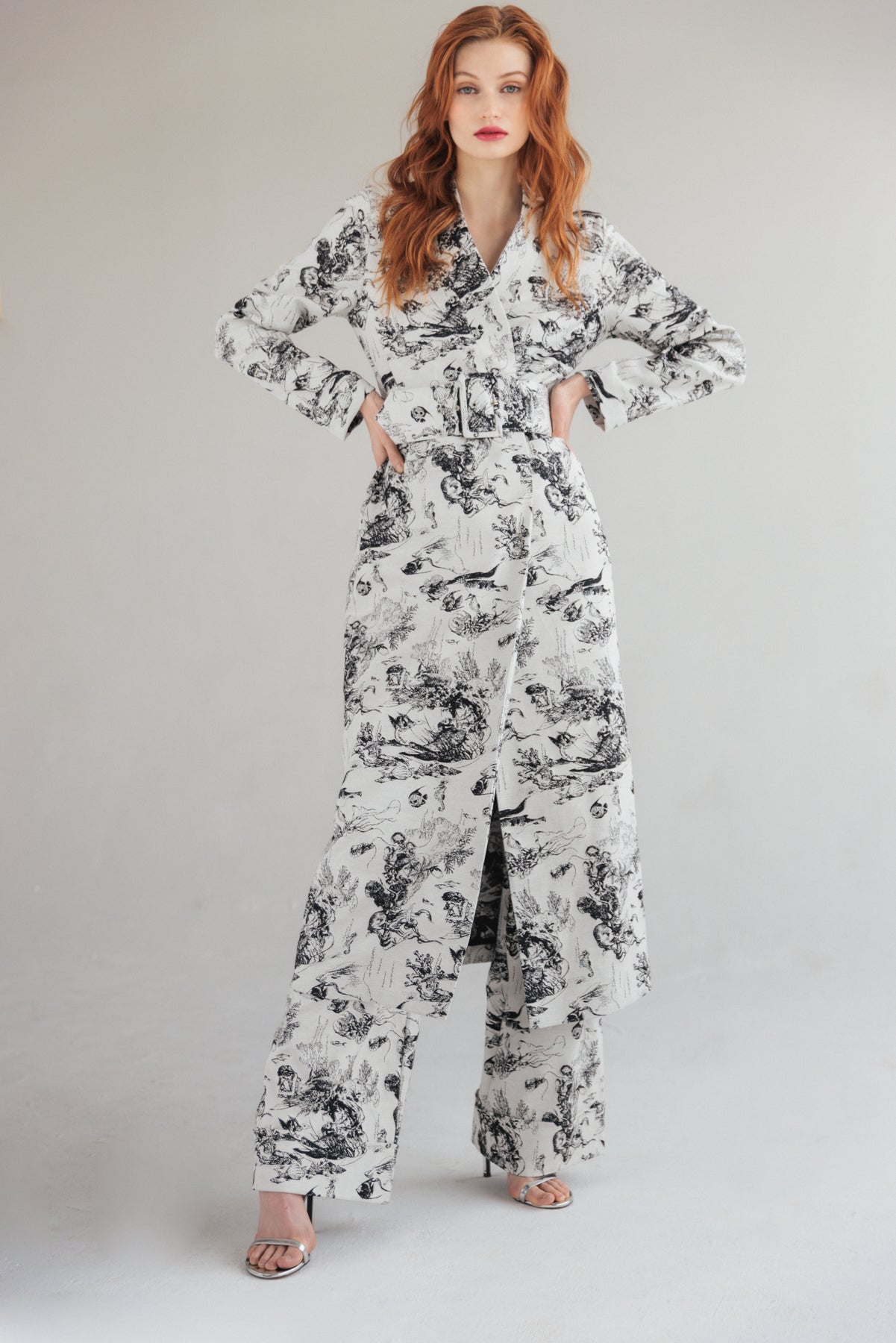 Marianne Belted Jacquard Coat - White Sea