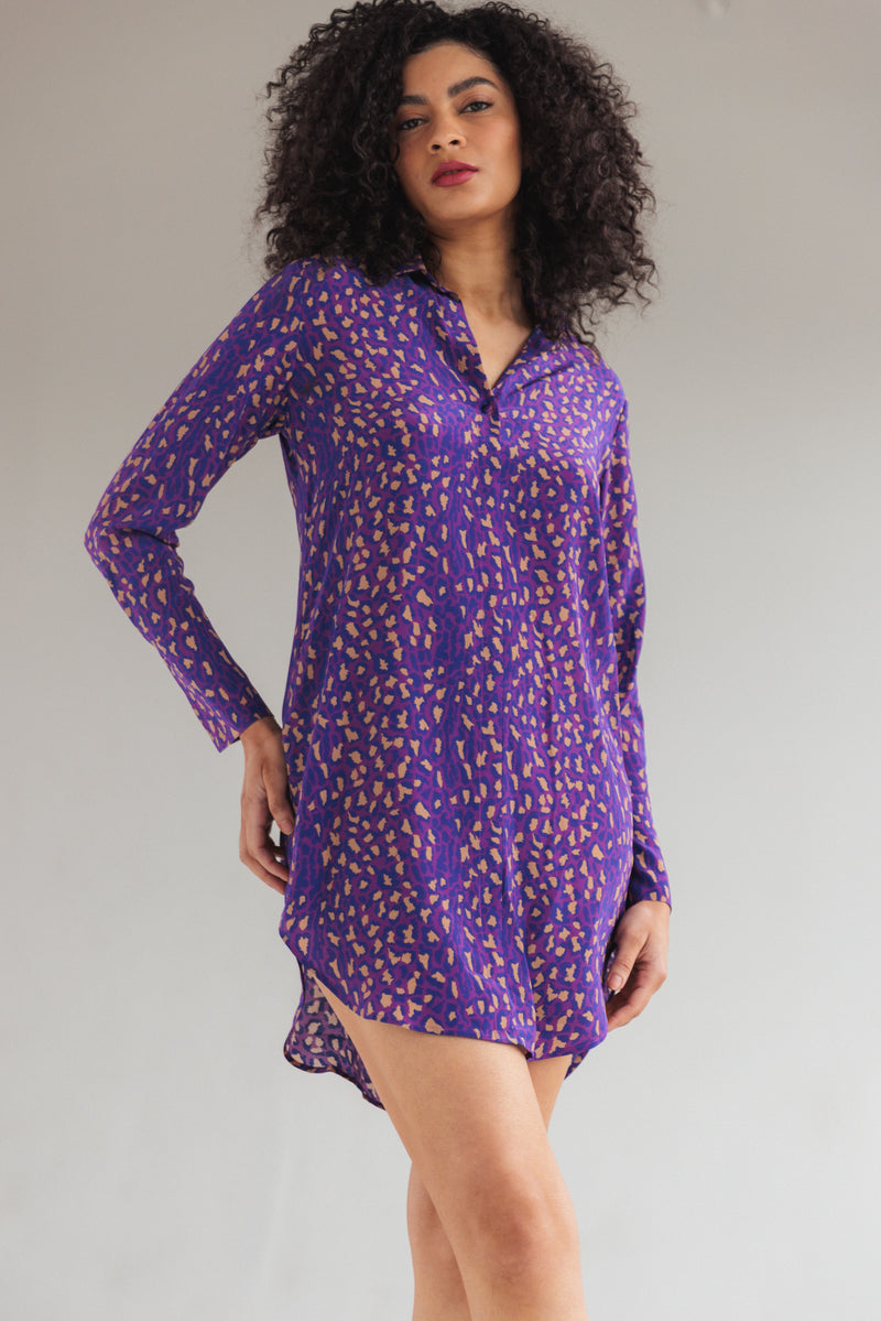 Daria Silk Shirt Dress - Purple Leopard