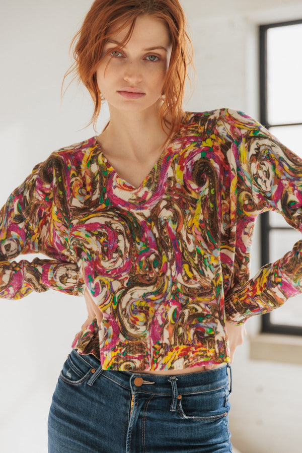 V-Neck Cashmere Sweater - Paint Swirl