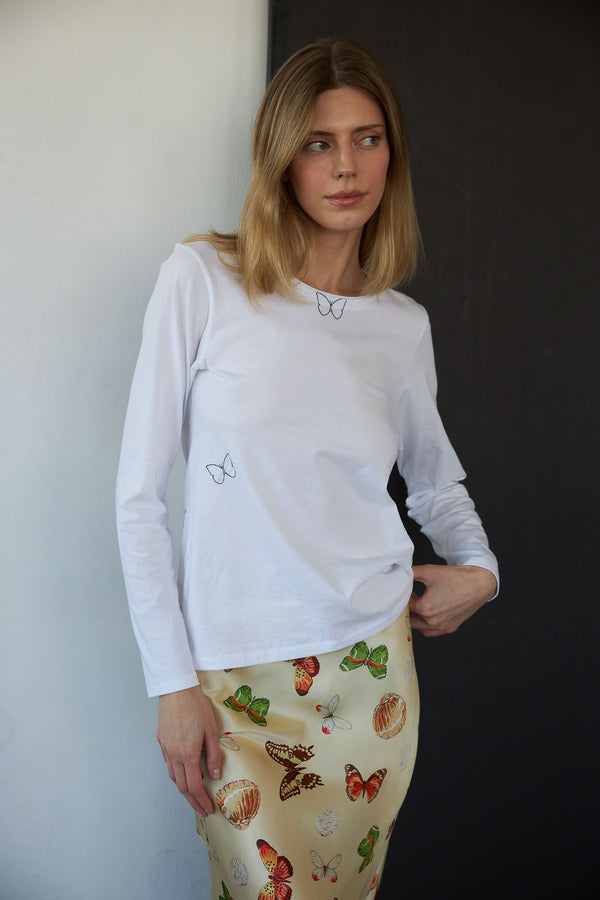 Embroidered Cotton T-Shirt Long Sleeve - Butterfly