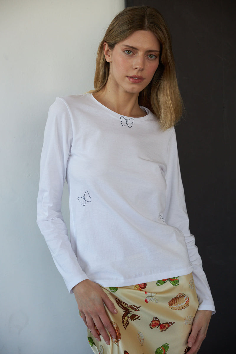 Embroidered Cotton T-Shirt Long Sleeve - Butterfly