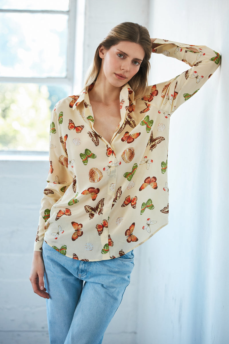 Daria French Cuff Silk Blouse - Soft Butterfly