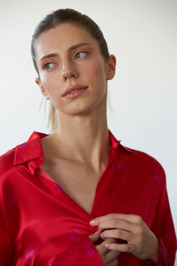 Daria French Cuff Silk Blouse - Cherry Heart