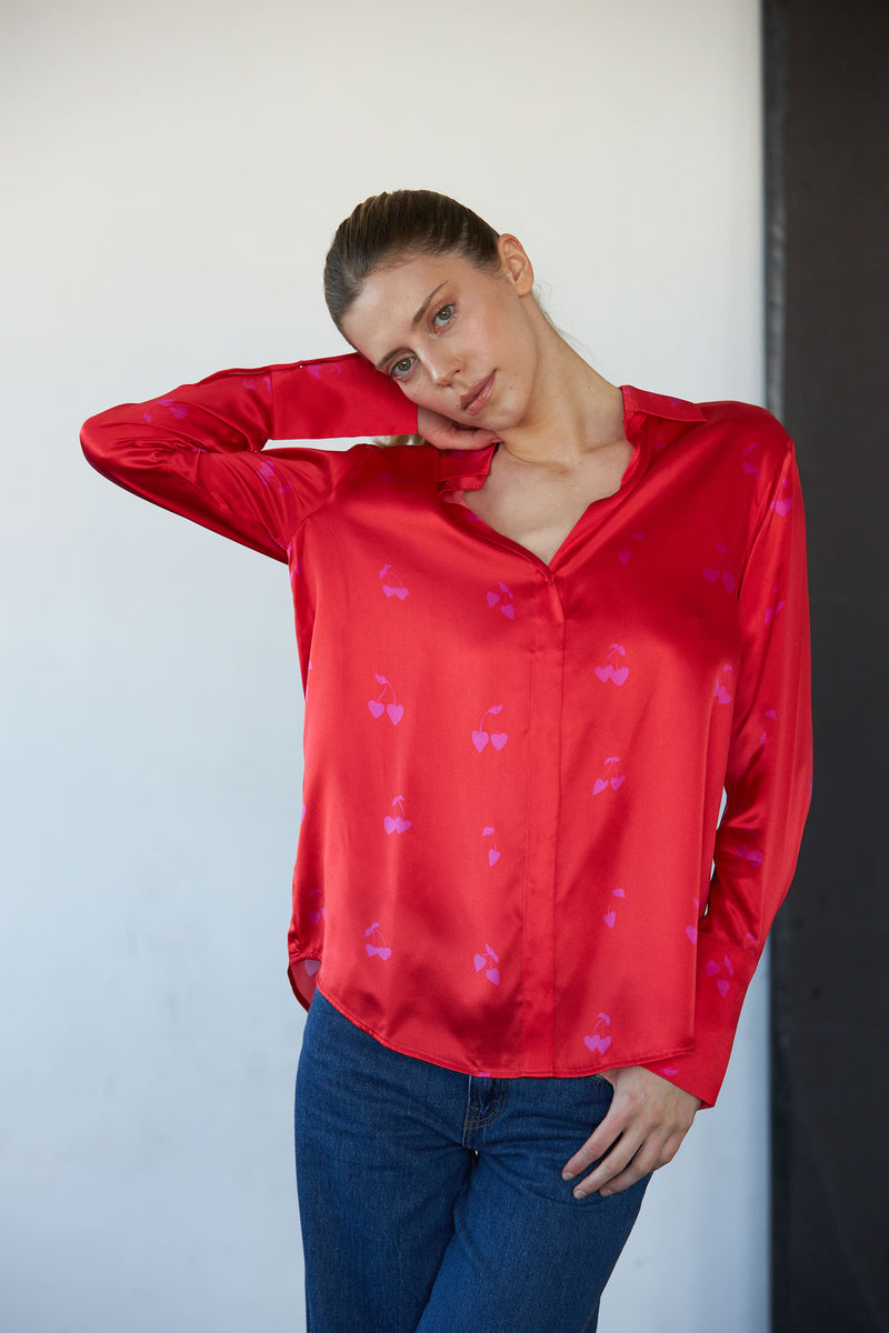 Daria French Cuff Silk Blouse - Cherry Heart