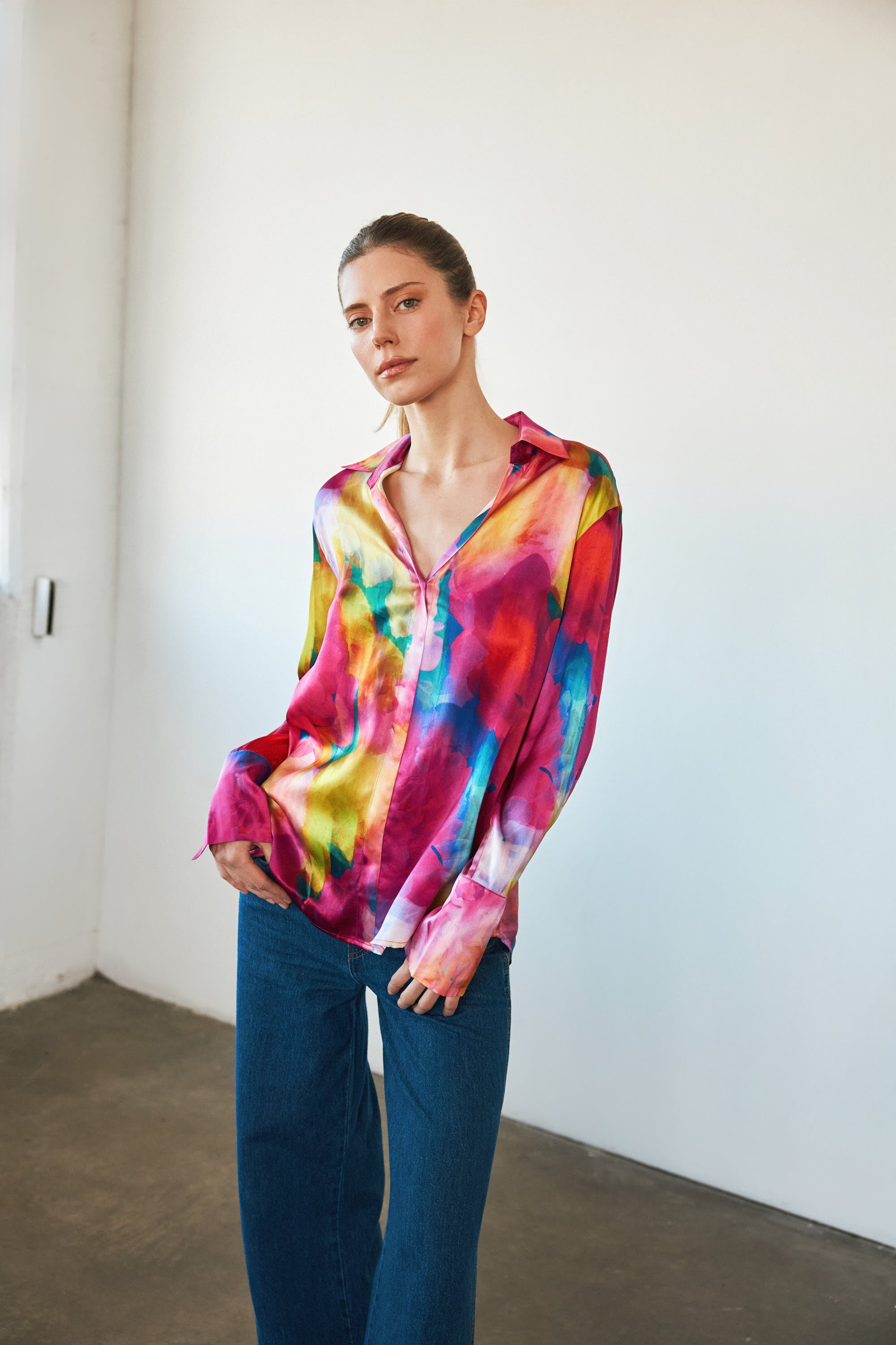 Daria French Cuff Silk Blouse - Rose Cascade