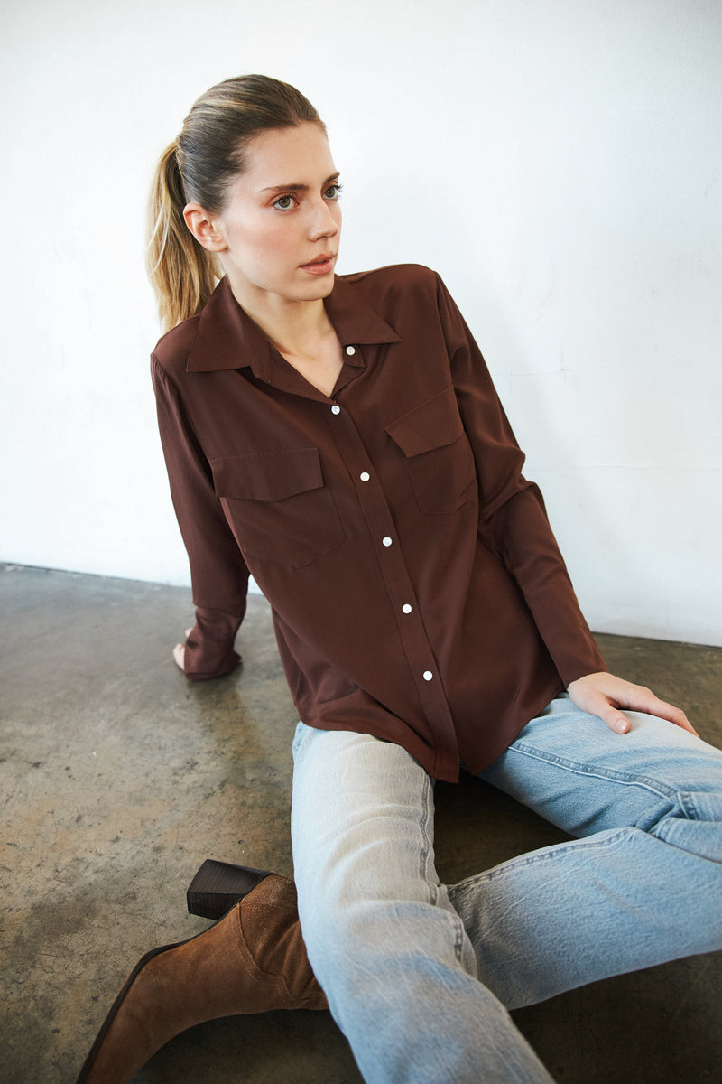 Kaia Button Down Blouse - Chocolate