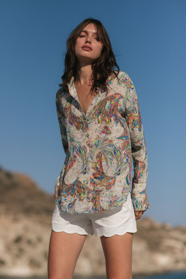 Daria French Cuff Silk Blouse - Stone Paint Swirl