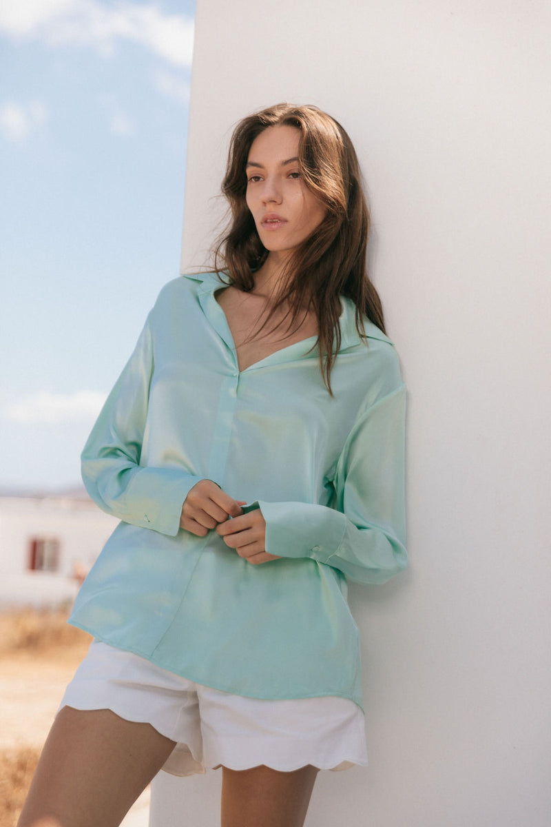 Daria French Cuff Silk Blouse - Sea Moss