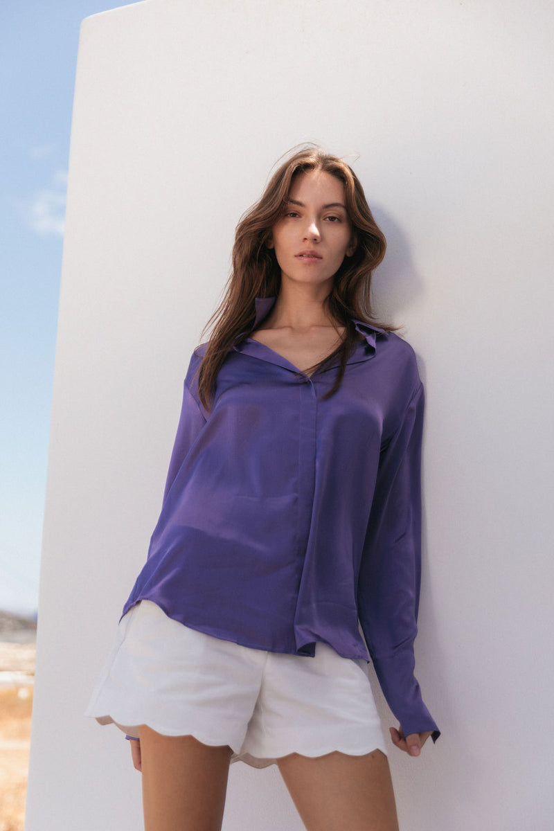 Daria French Cuff Silk Blouse - Purple