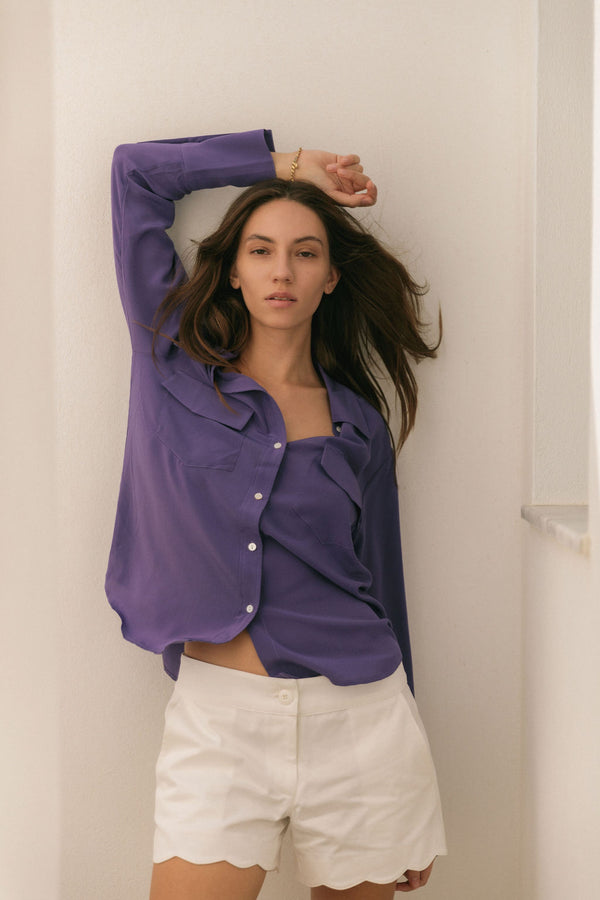 Daria French Cuff Silk Blouse - Purple