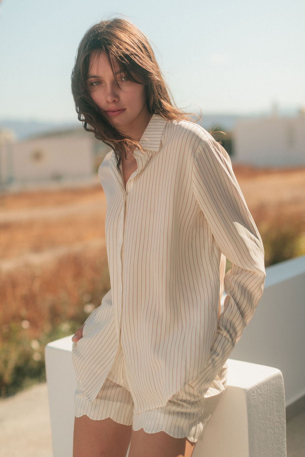 Sophie Blouse - Mocha Pinstripe
