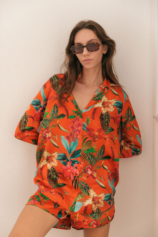 Daria French Cuff Silk Blouse - Orange Tropical