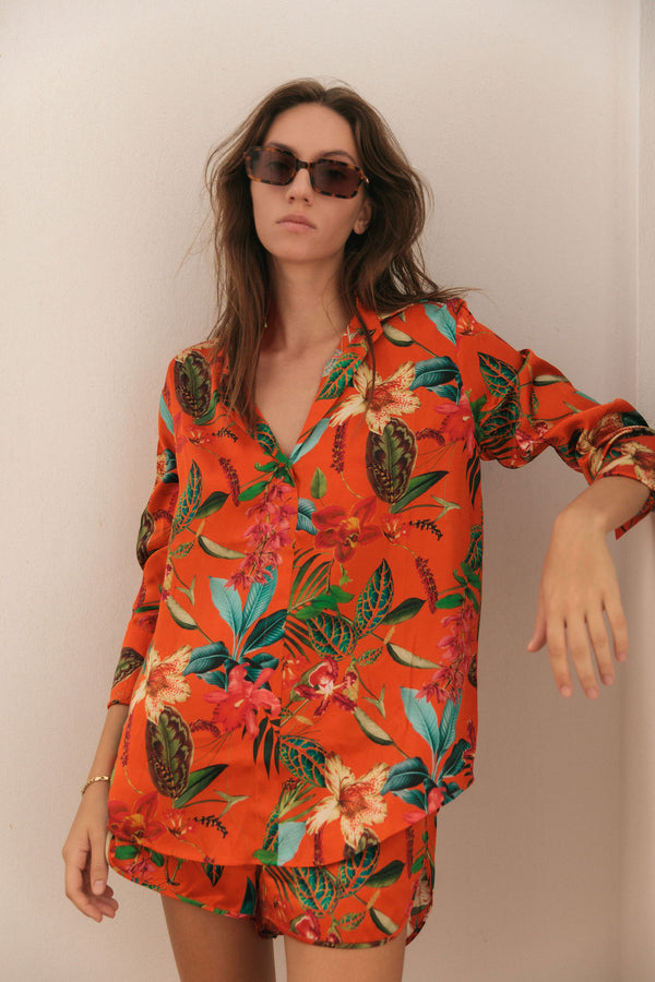 Daria French Cuff Silk Blouse - Orange Tropical