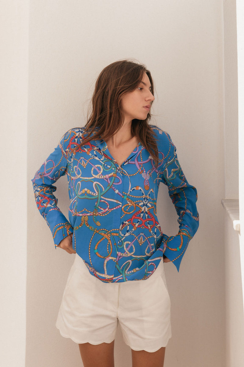 Daria French Cuff Silk Blouse - Blue Belt