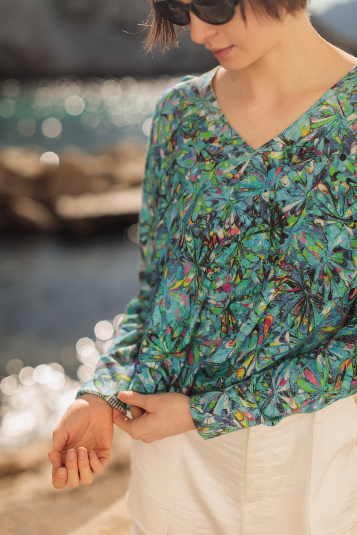 V-Neck Silk Cashmere Sweater - Blue Swirl