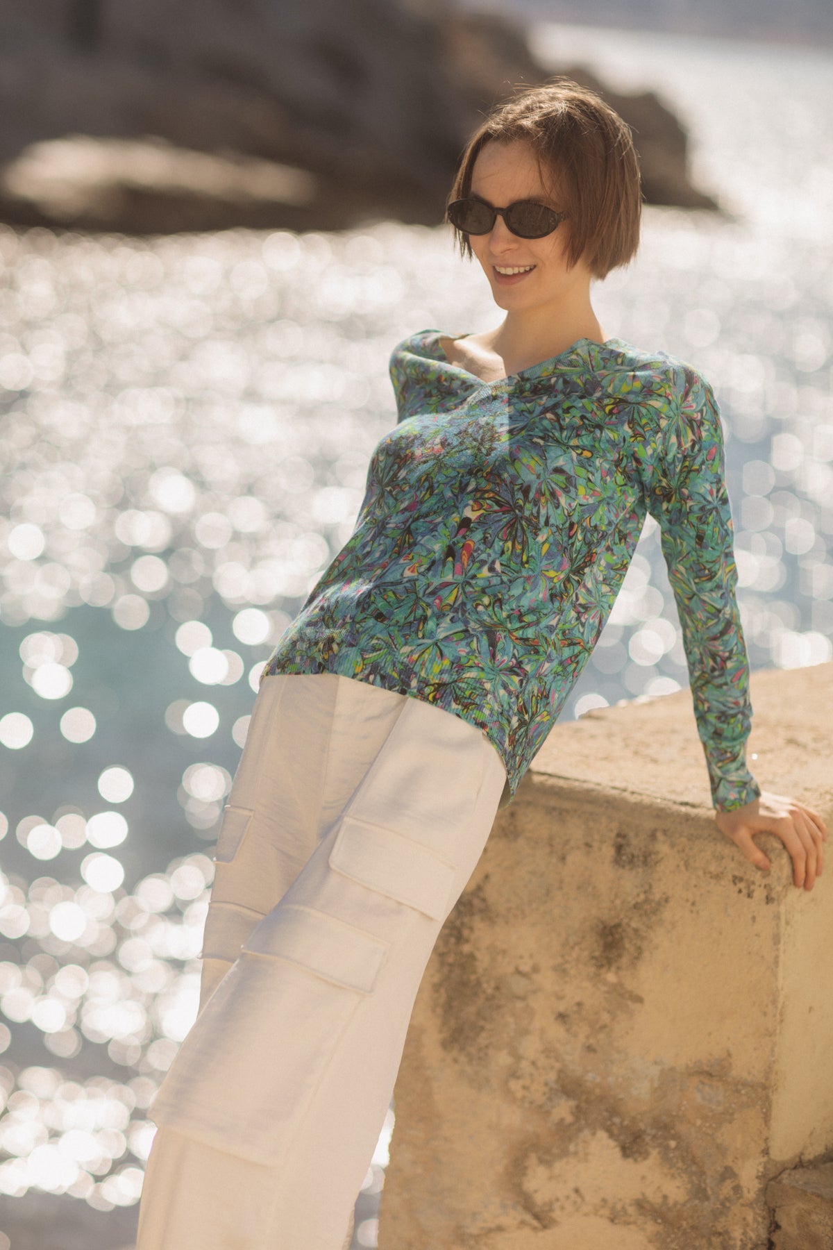 V-Neck Silk Cashmere Sweater - Blue Swirl