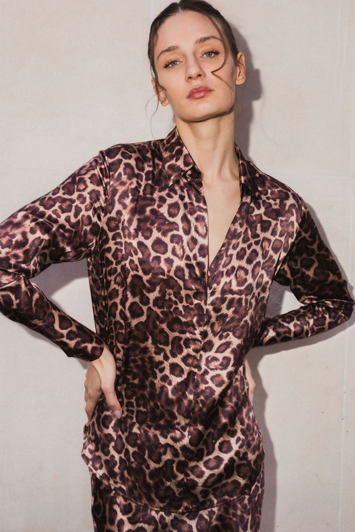 Daria French Cuff Silk Blouse - Mocha Leopard