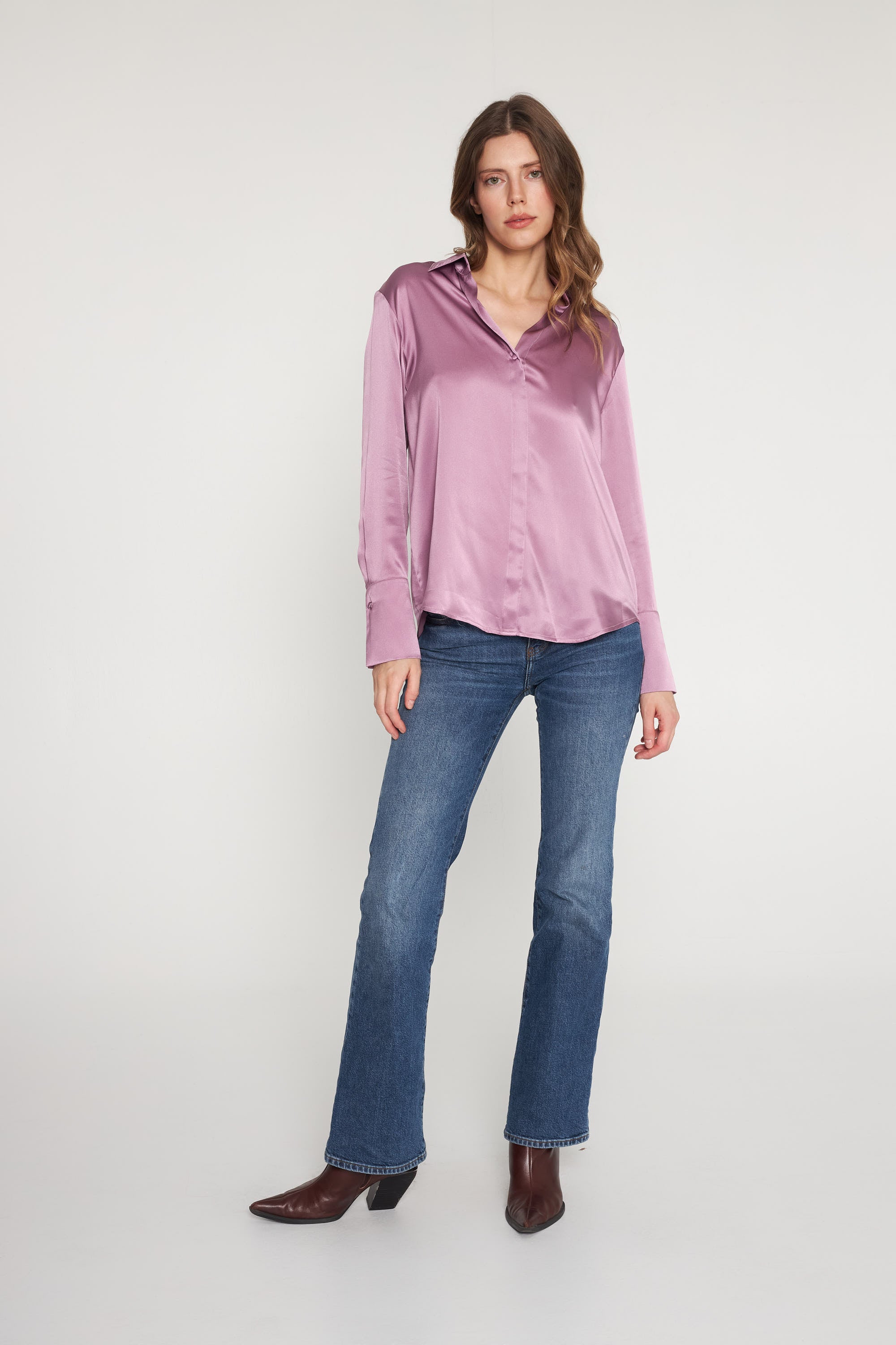 Daria French Cuff Silk Blouse - Purple Pink