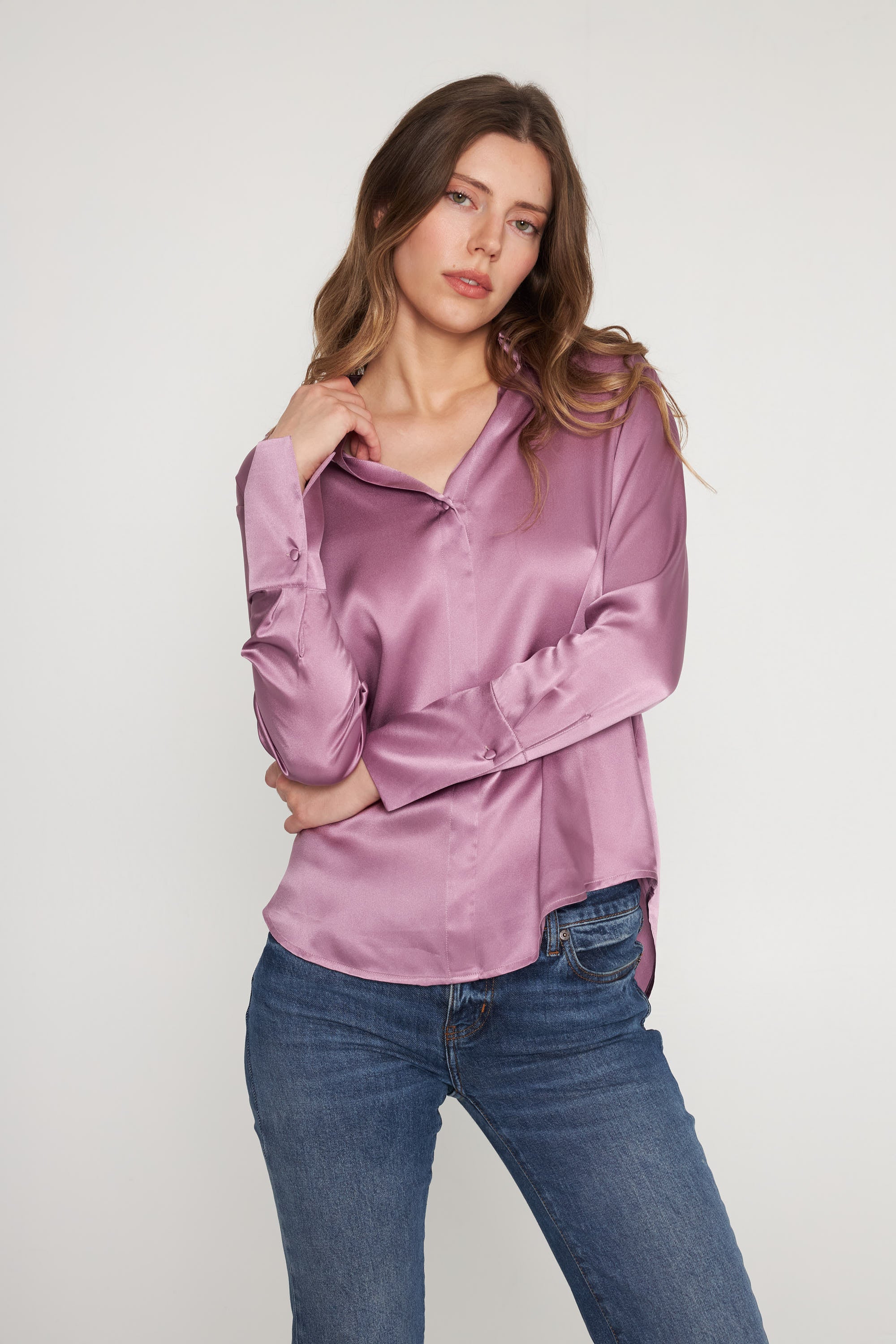 Daria French Cuff Silk Blouse - Purple Pink