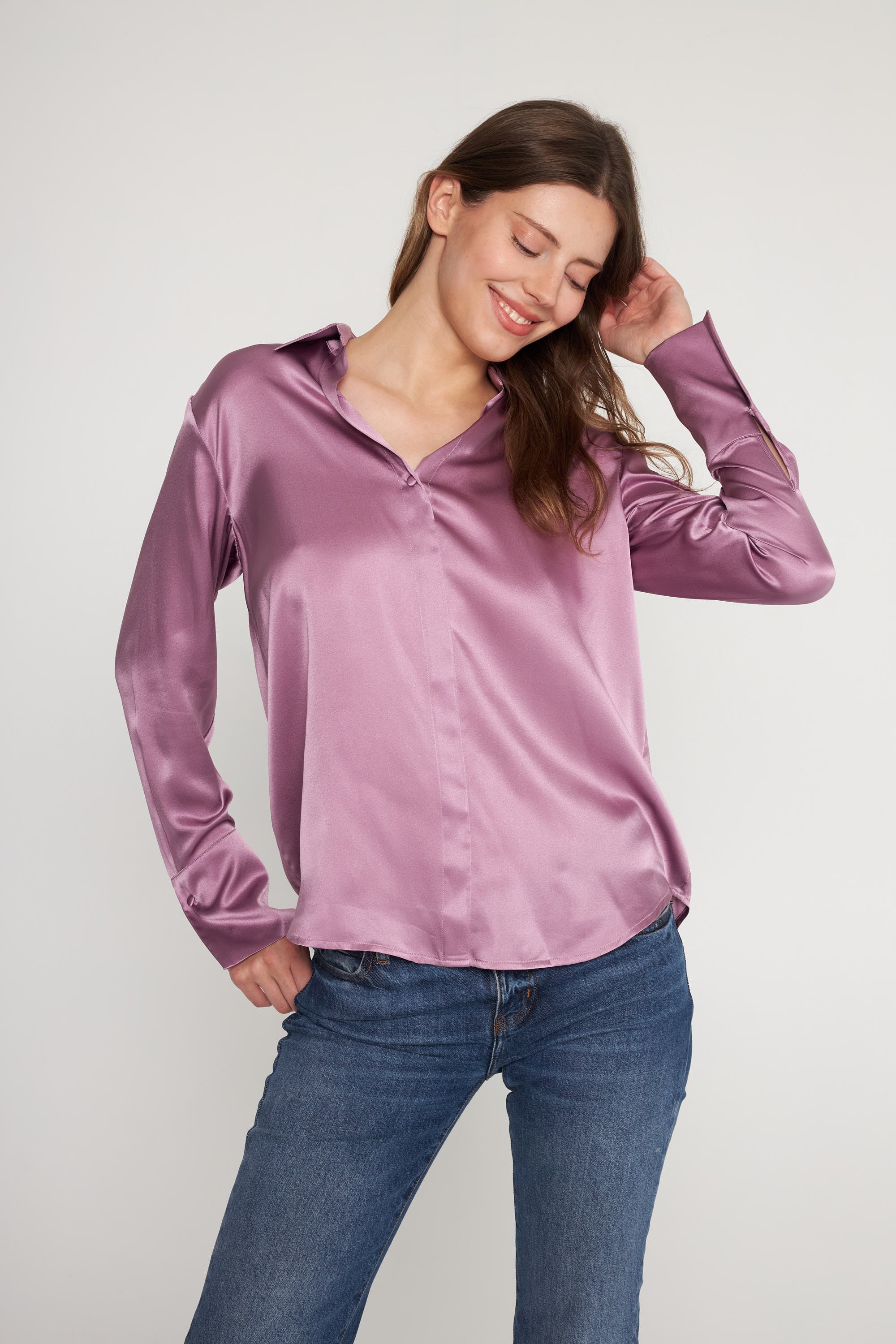Daria French Cuff Silk Blouse - Purple Pink