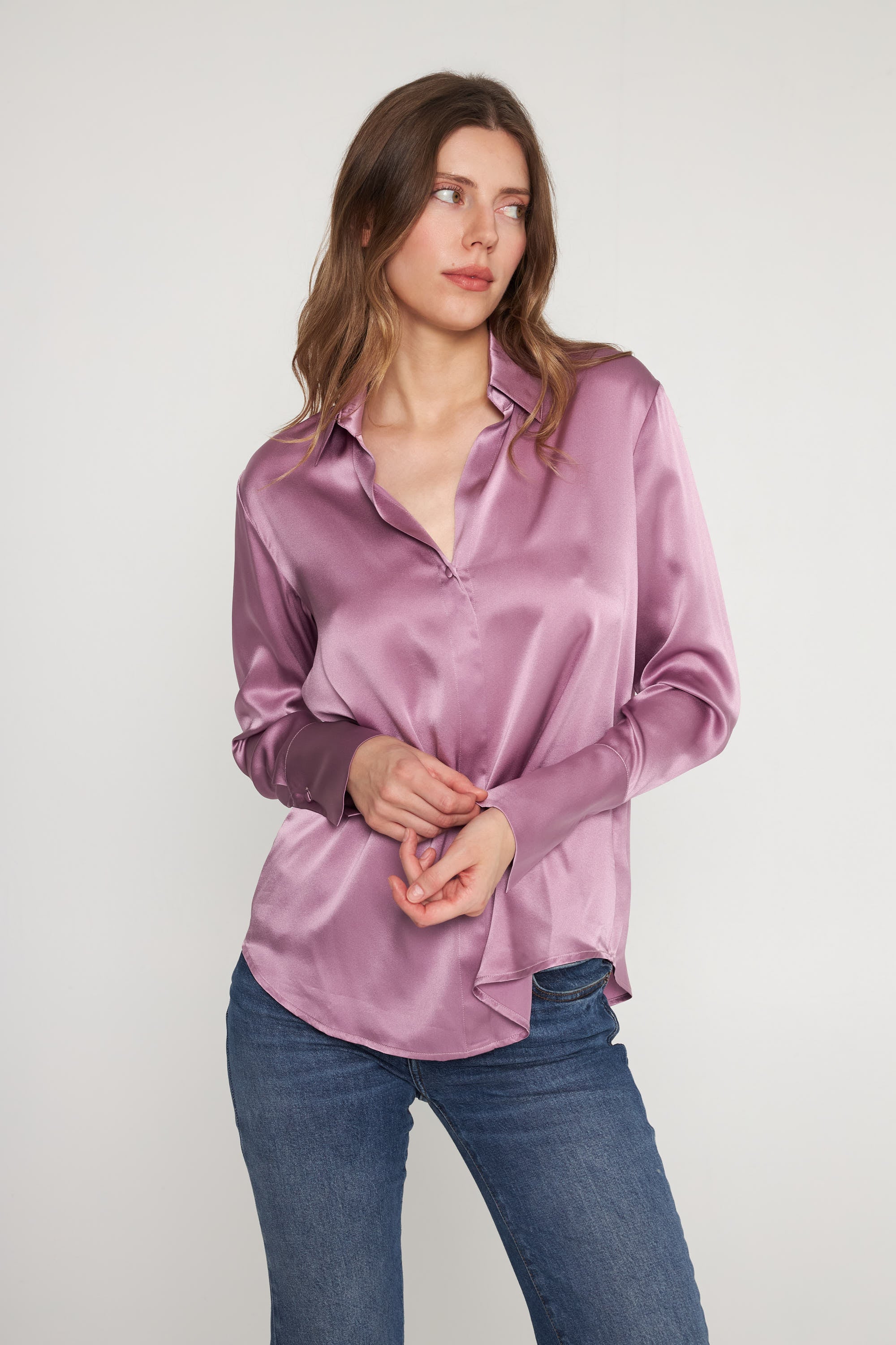 Daria French Cuff Silk Blouse - Purple Pink