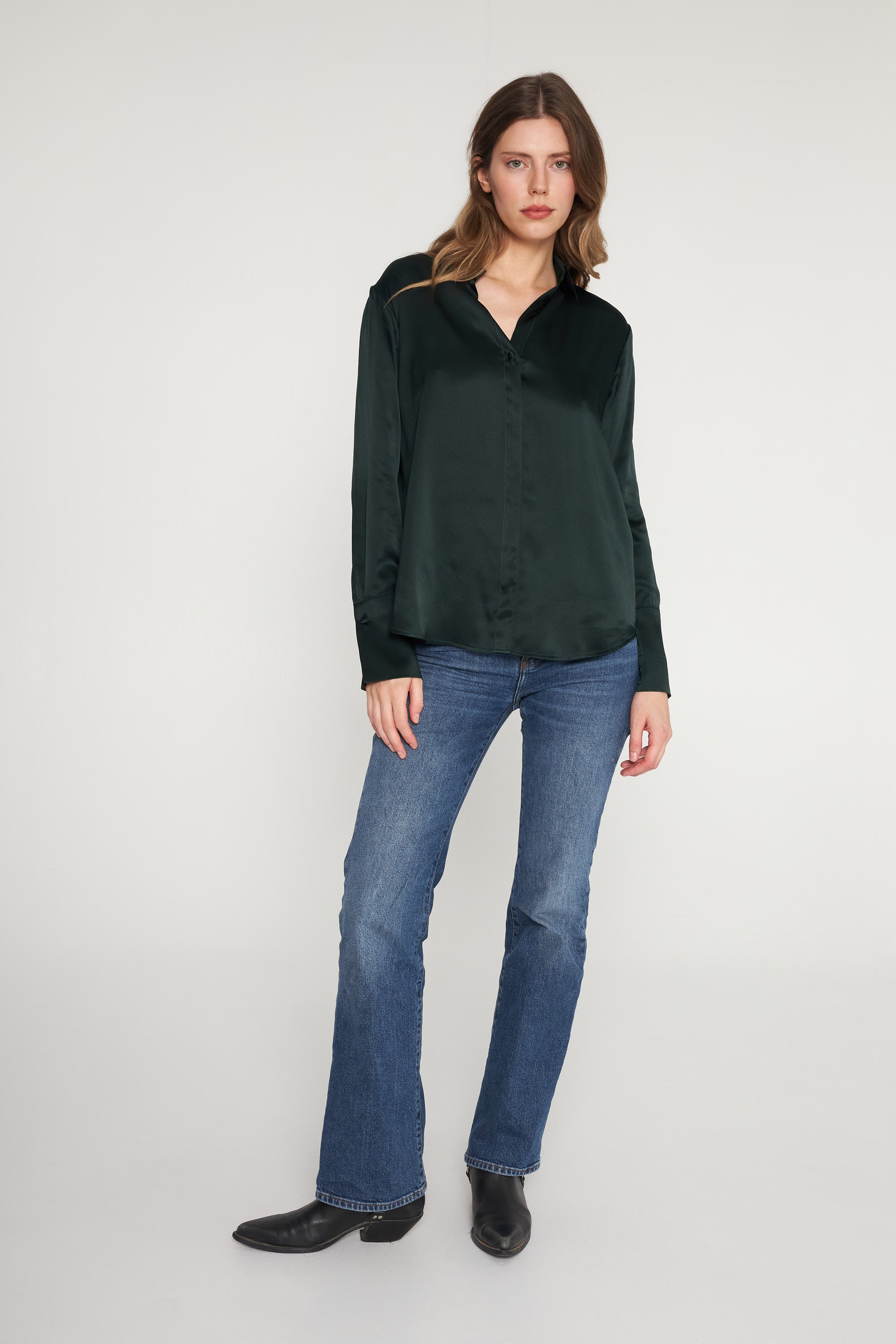 Daria French Cuff Silk Blouse - Forrest Green