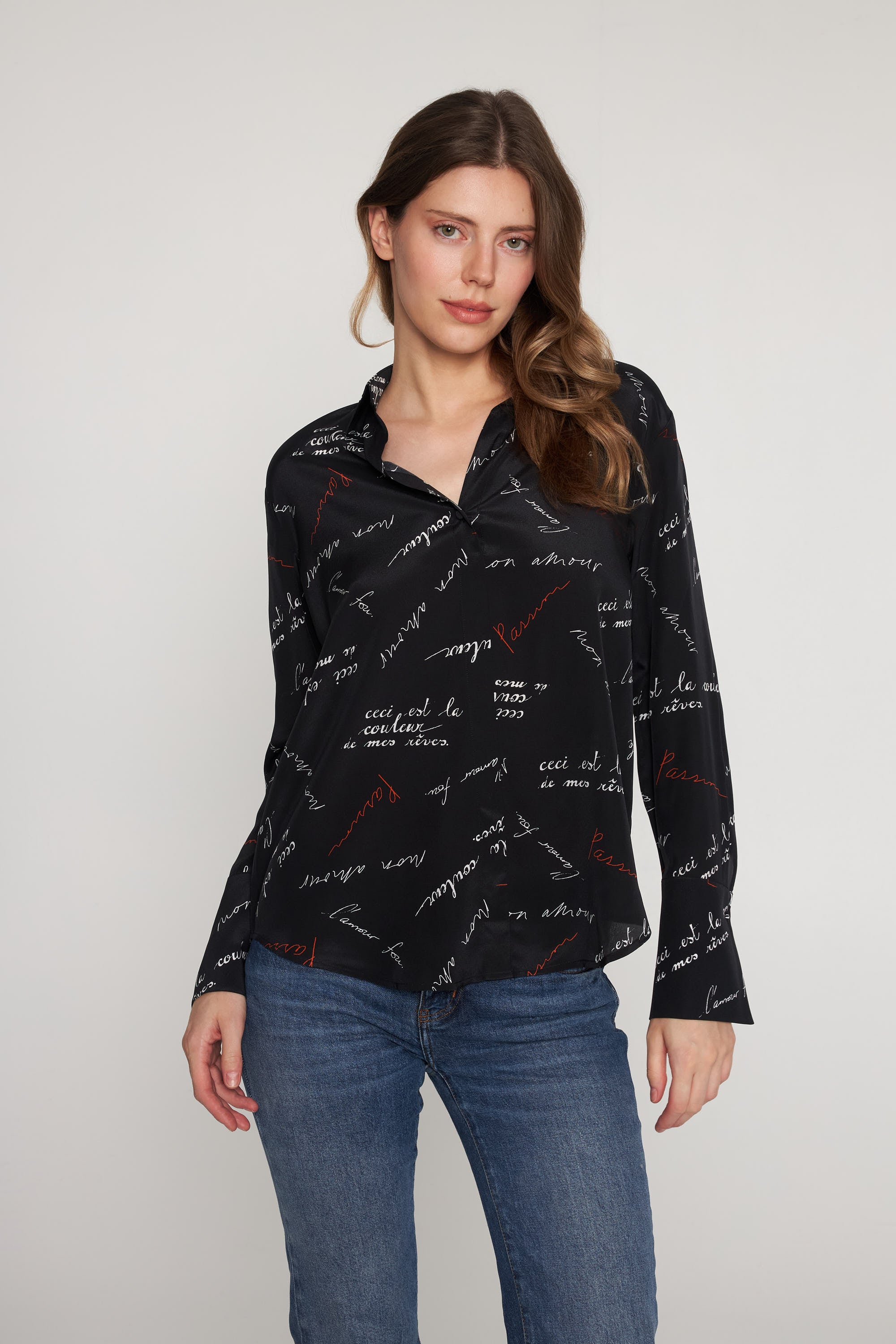 Daria French Cuff Silk Blouse - Black Passion Print