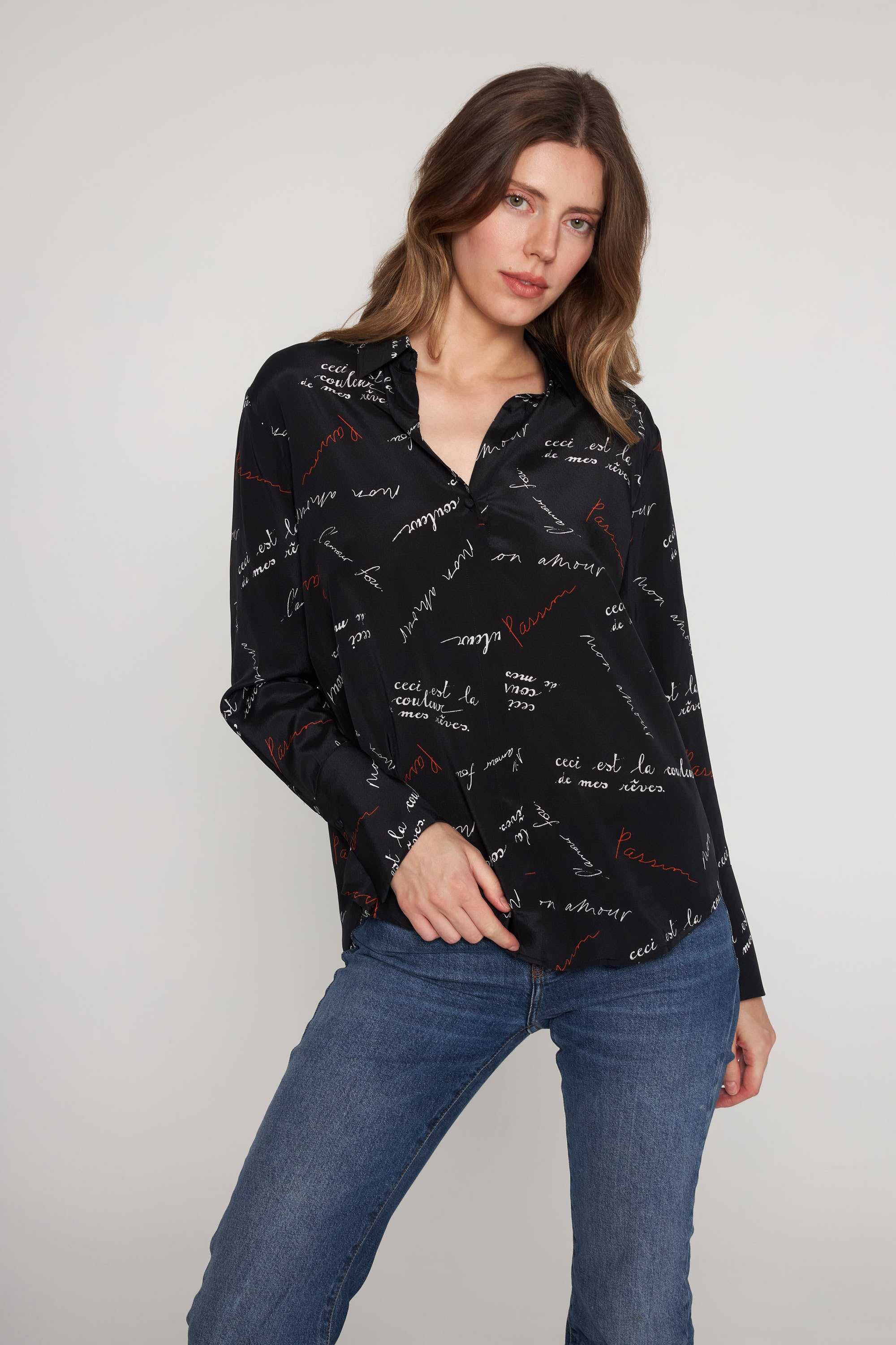 Daria French Cuff Silk Blouse - Black Passion Print