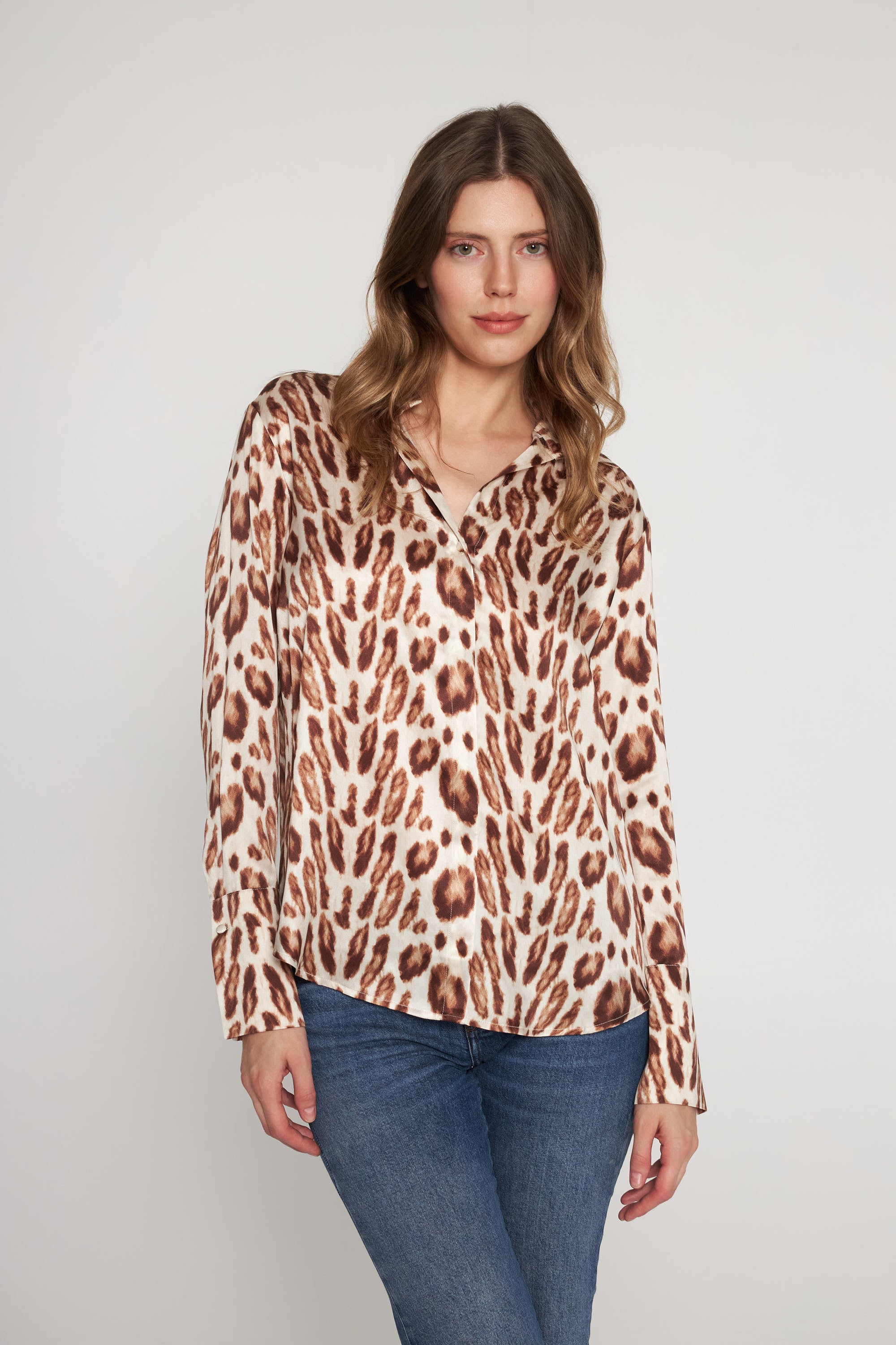 Daria French Cuff Silk Blouse - Oat Leopard