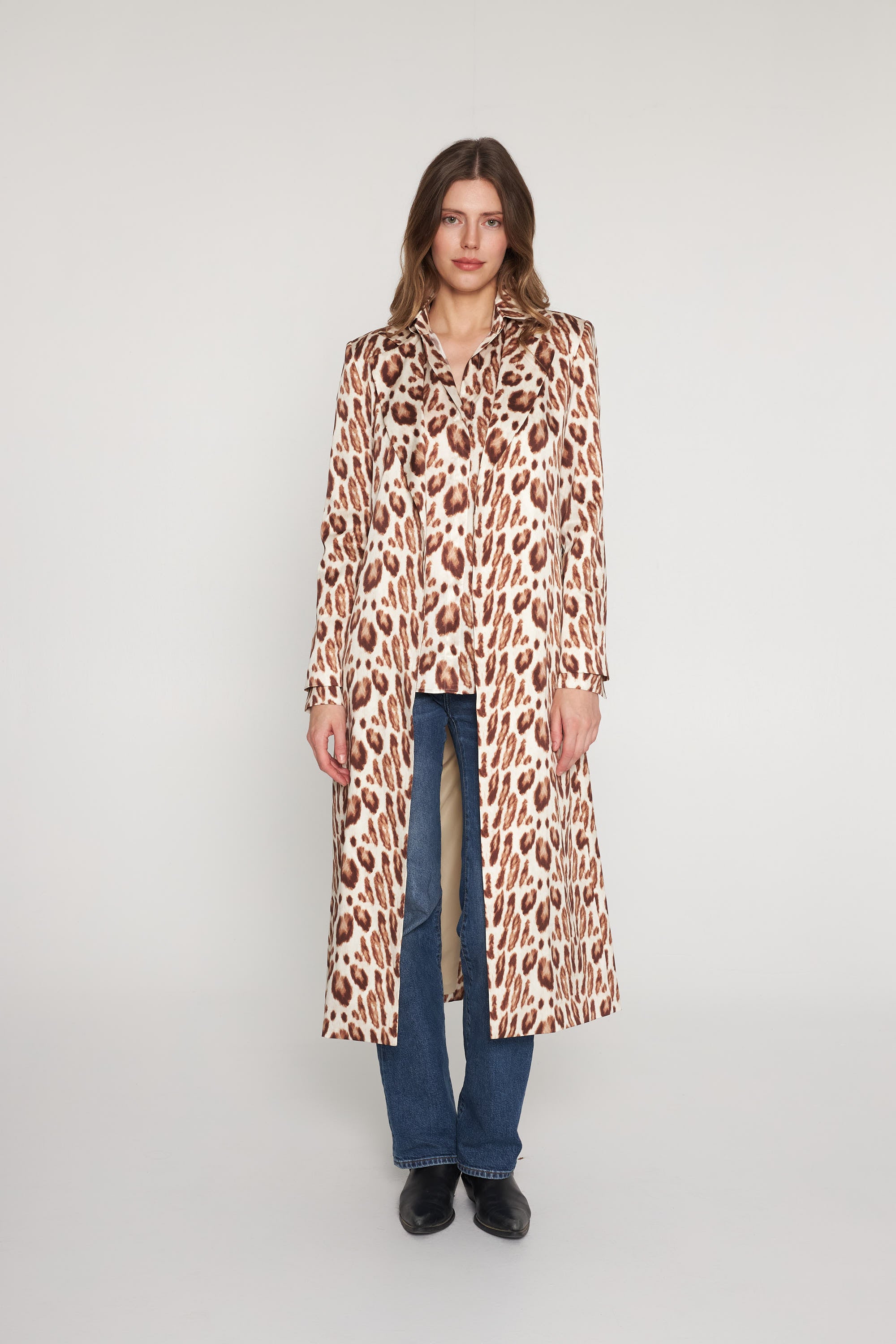 Long Silk Blazer - Oat Leopard