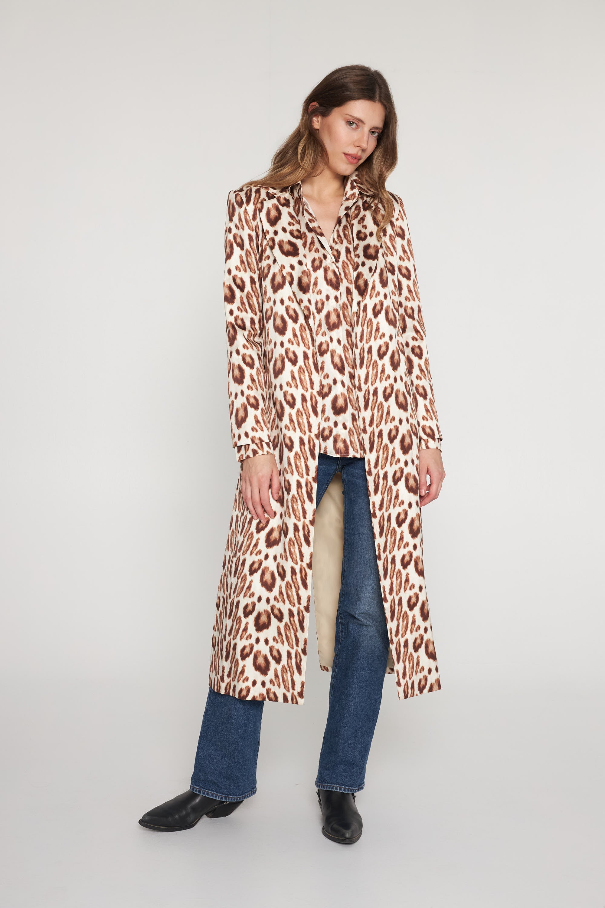 Long Silk Blazer - Oat Leopard