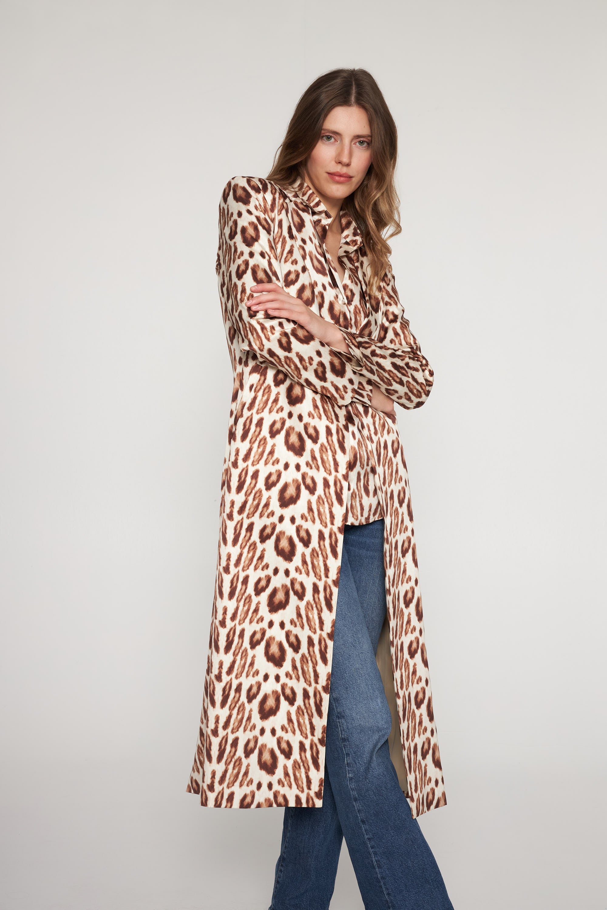 Long Silk Blazer - Oat Leopard