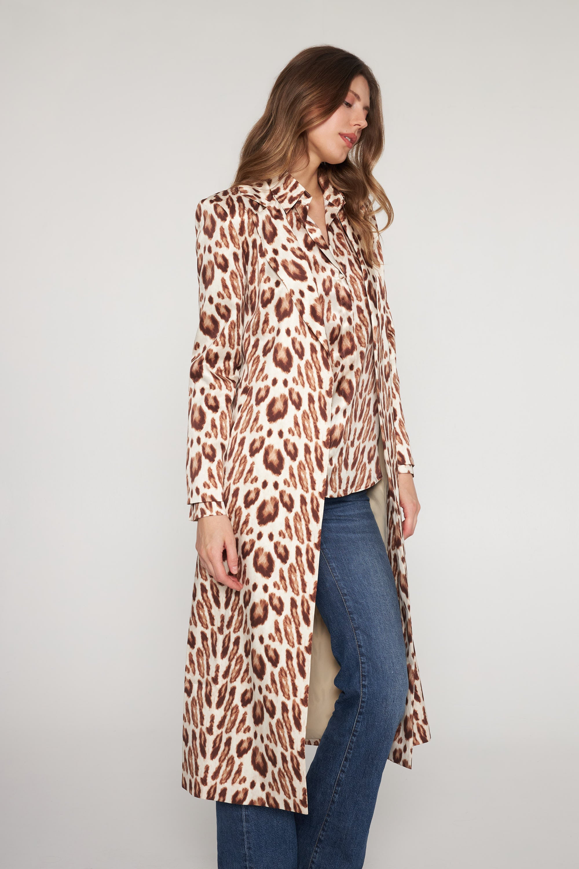 Long Silk Blazer - Oat Leopard
