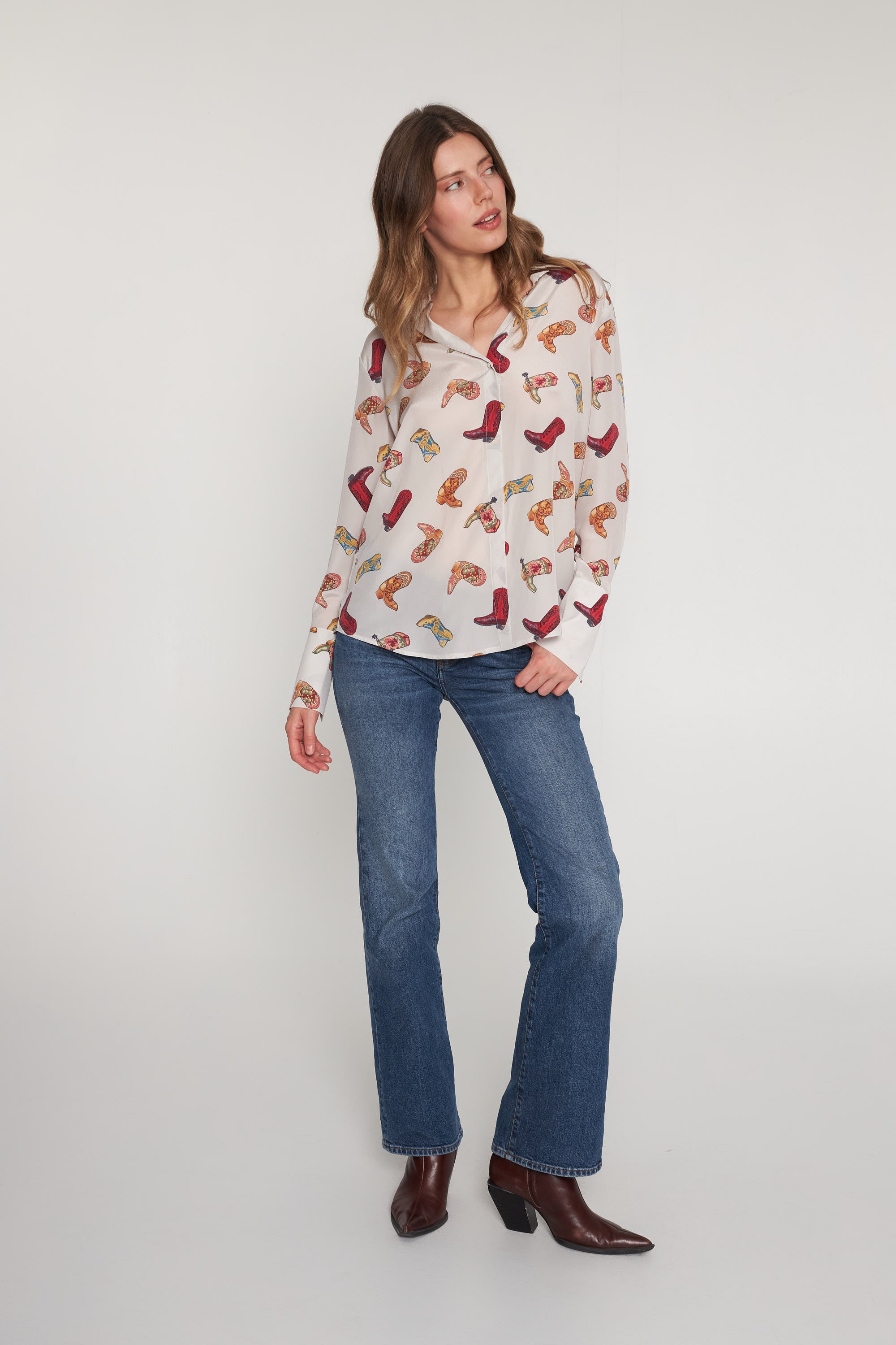 Daria French Cuff Silk Blouse - Silver Boots