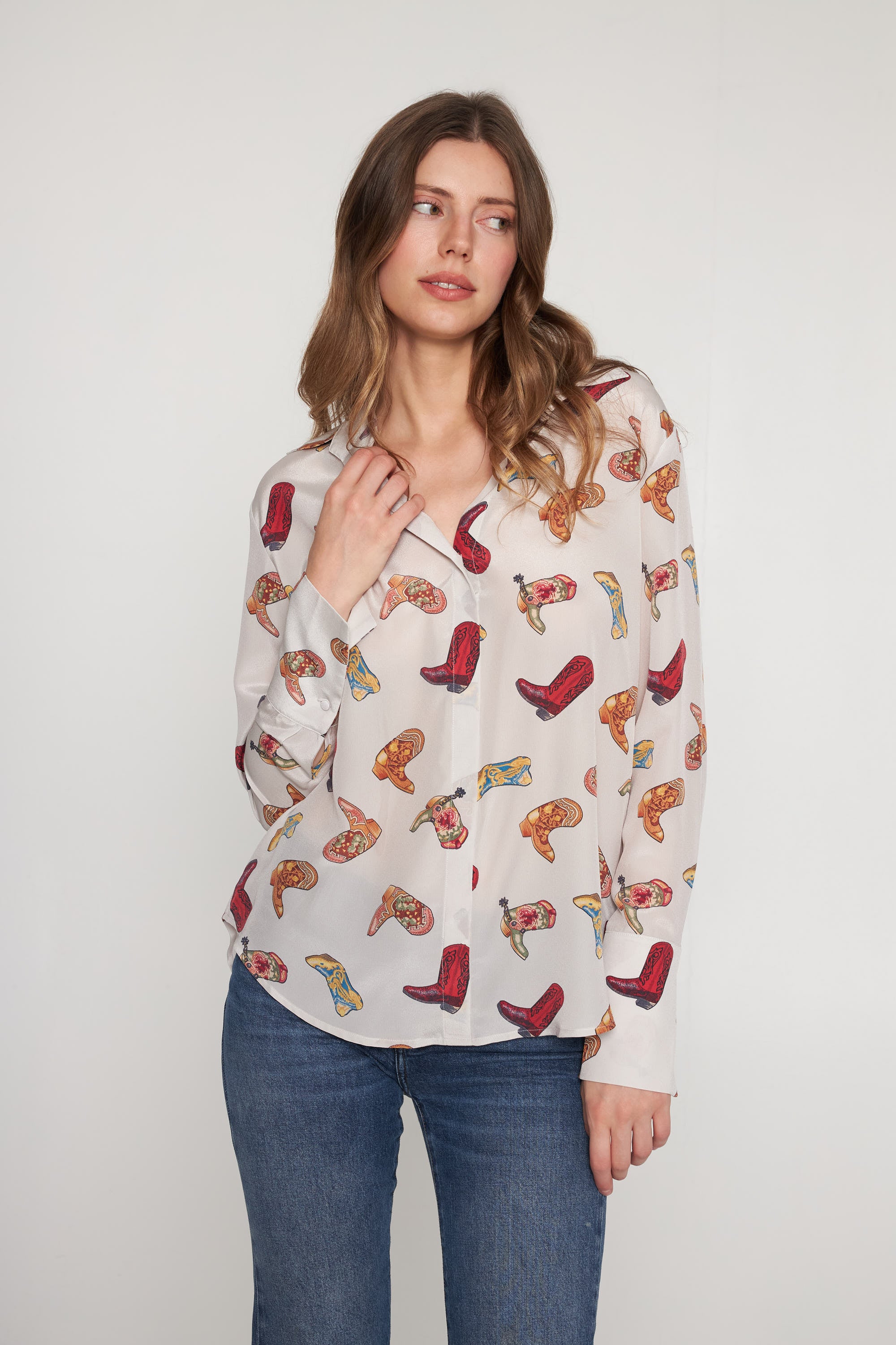 Daria French Cuff Silk Blouse - Silver Boots