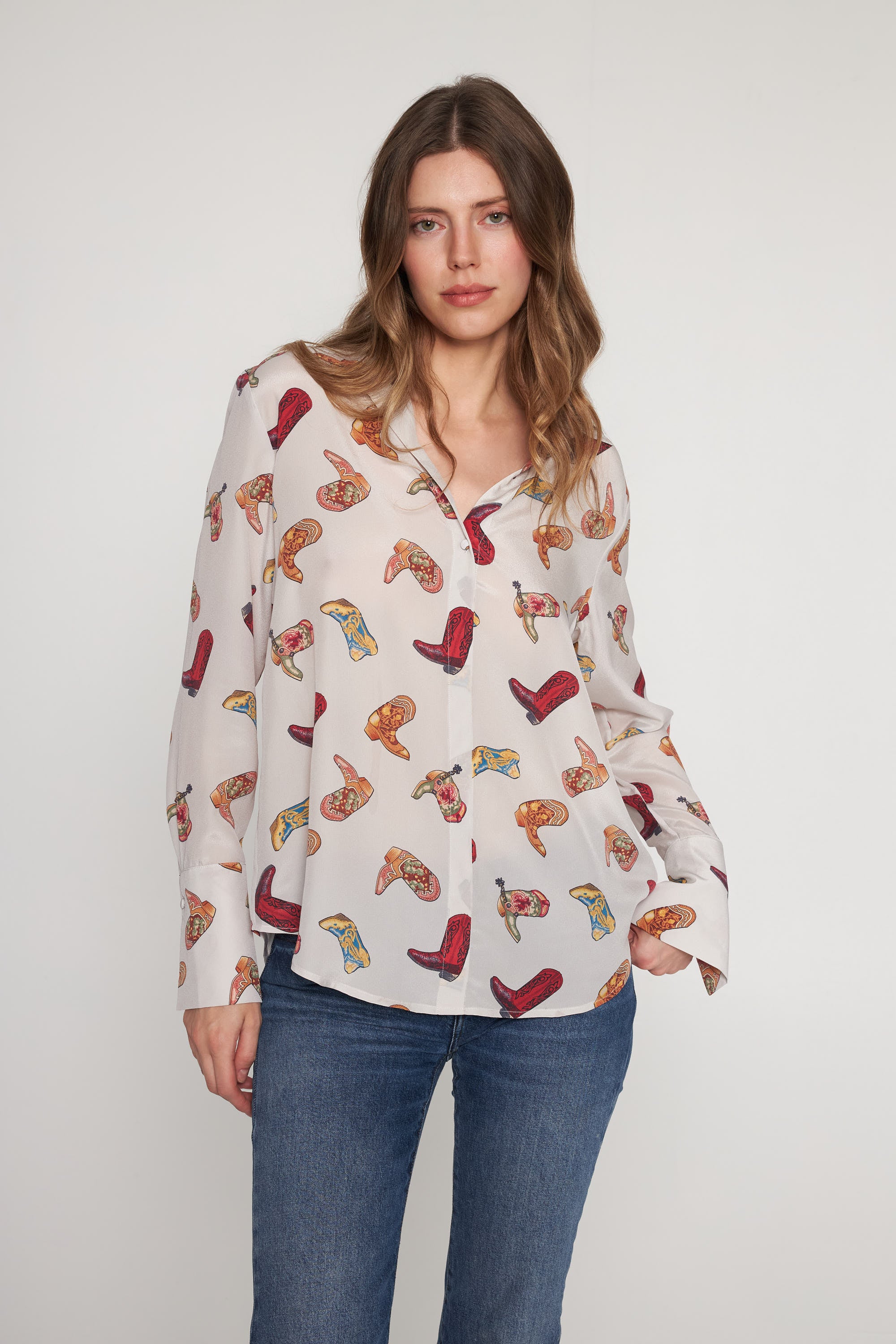 Daria French Cuff Silk Blouse - Silver Boots