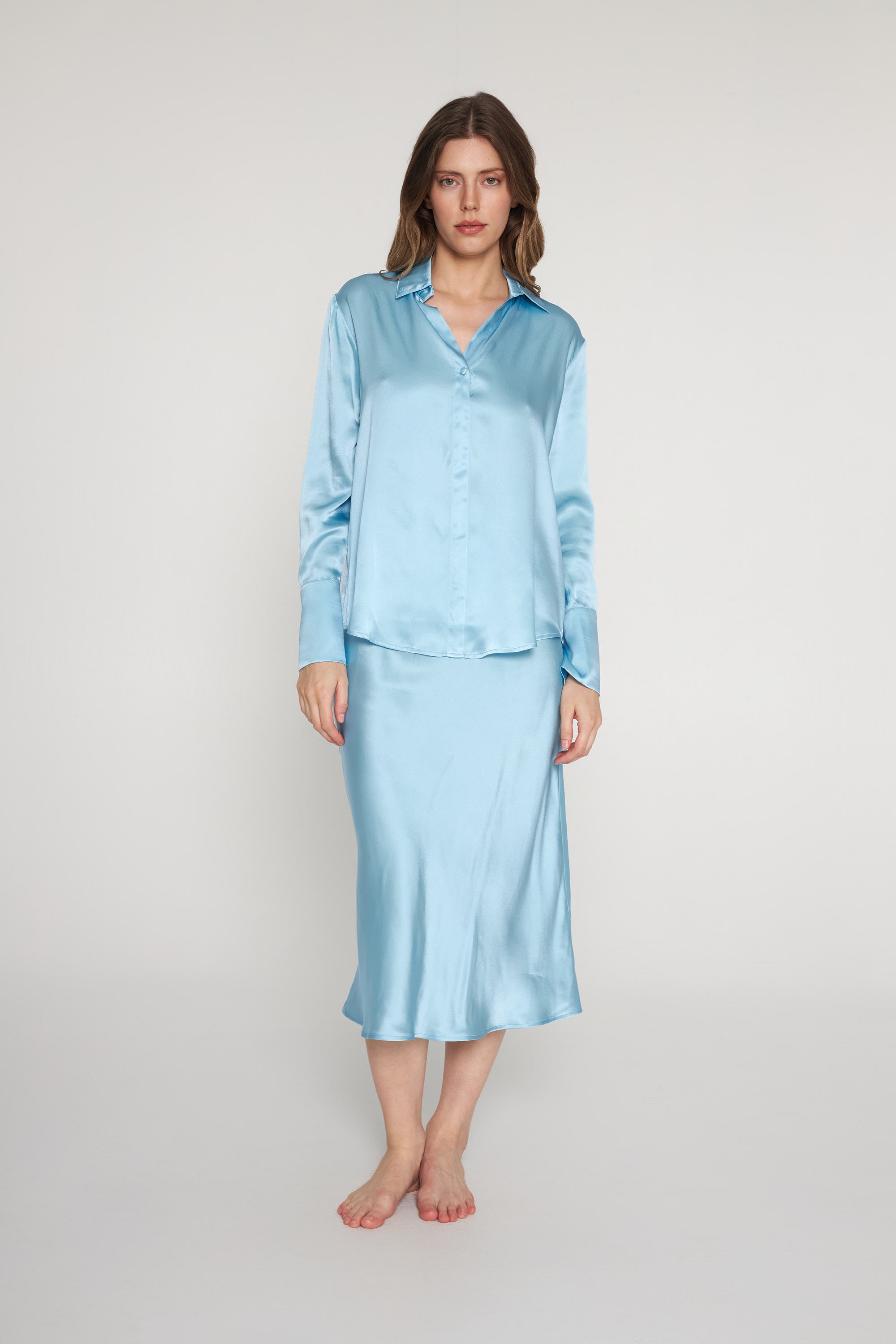 Daria French Cuff Silk Blouse - Sky Blue