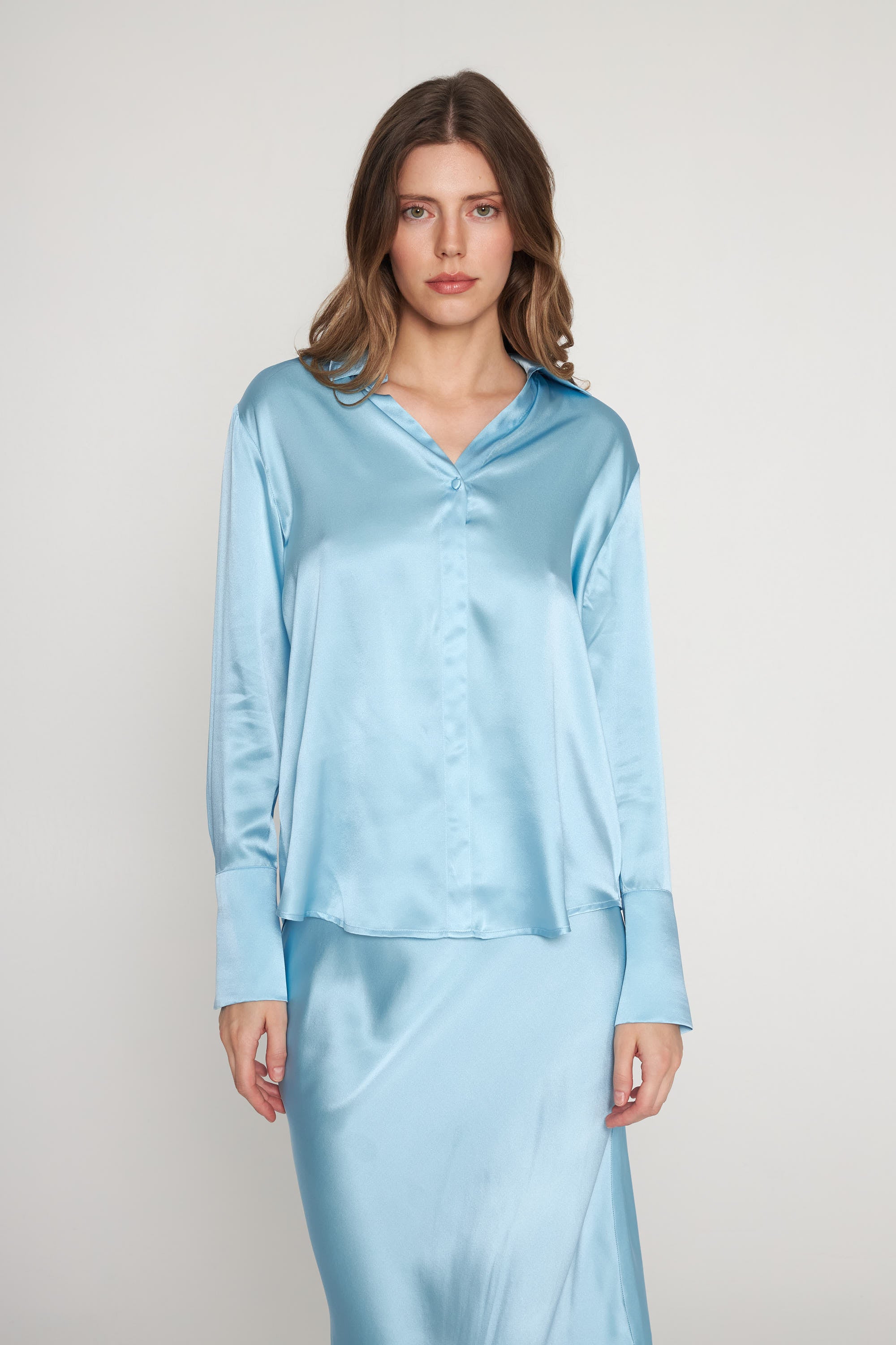Daria French Cuff Silk Blouse - Sky Blue