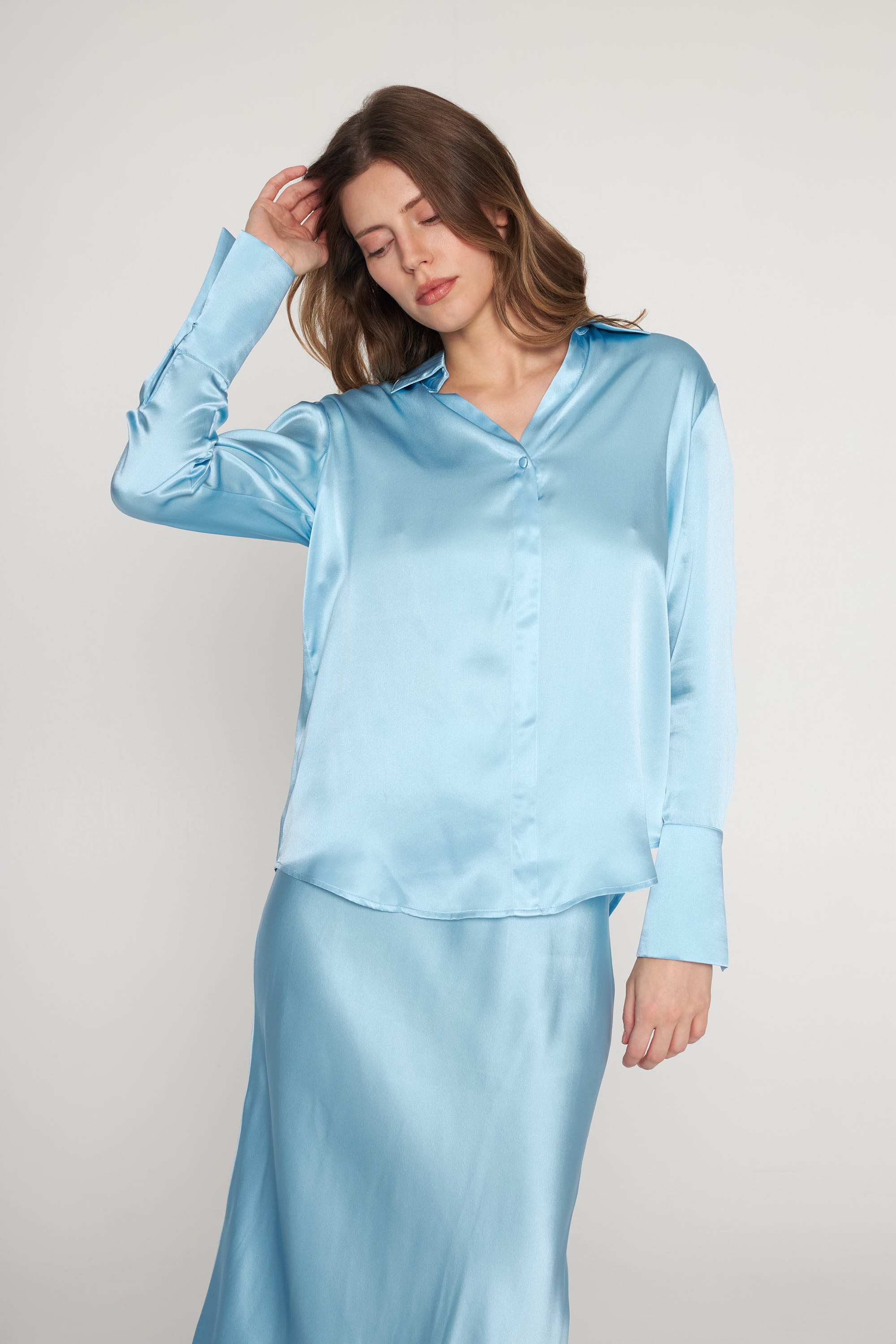 Daria French Cuff Silk Blouse - Sky Blue
