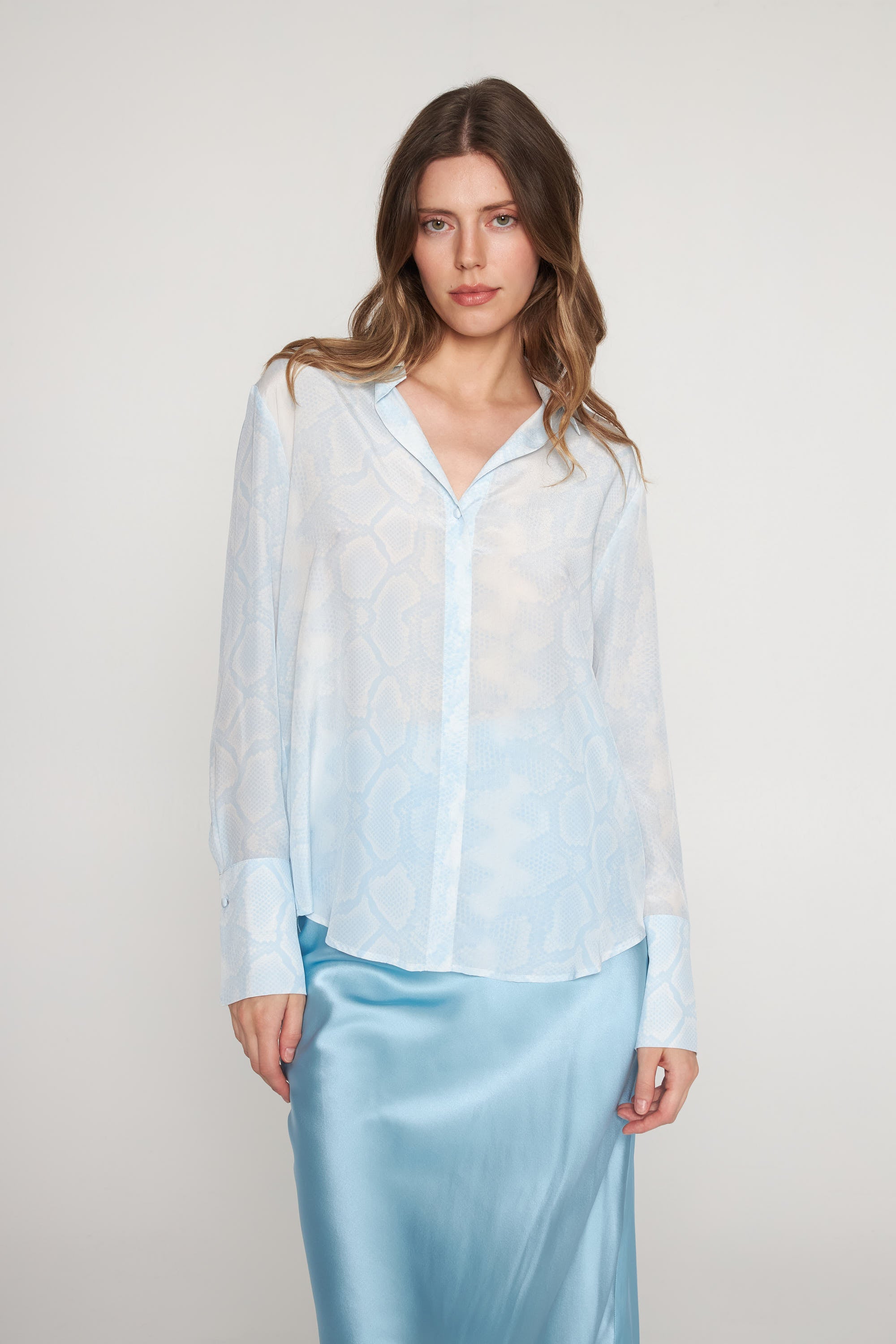 Daria French Cuff Silk Blouse - Sky Blue Snake