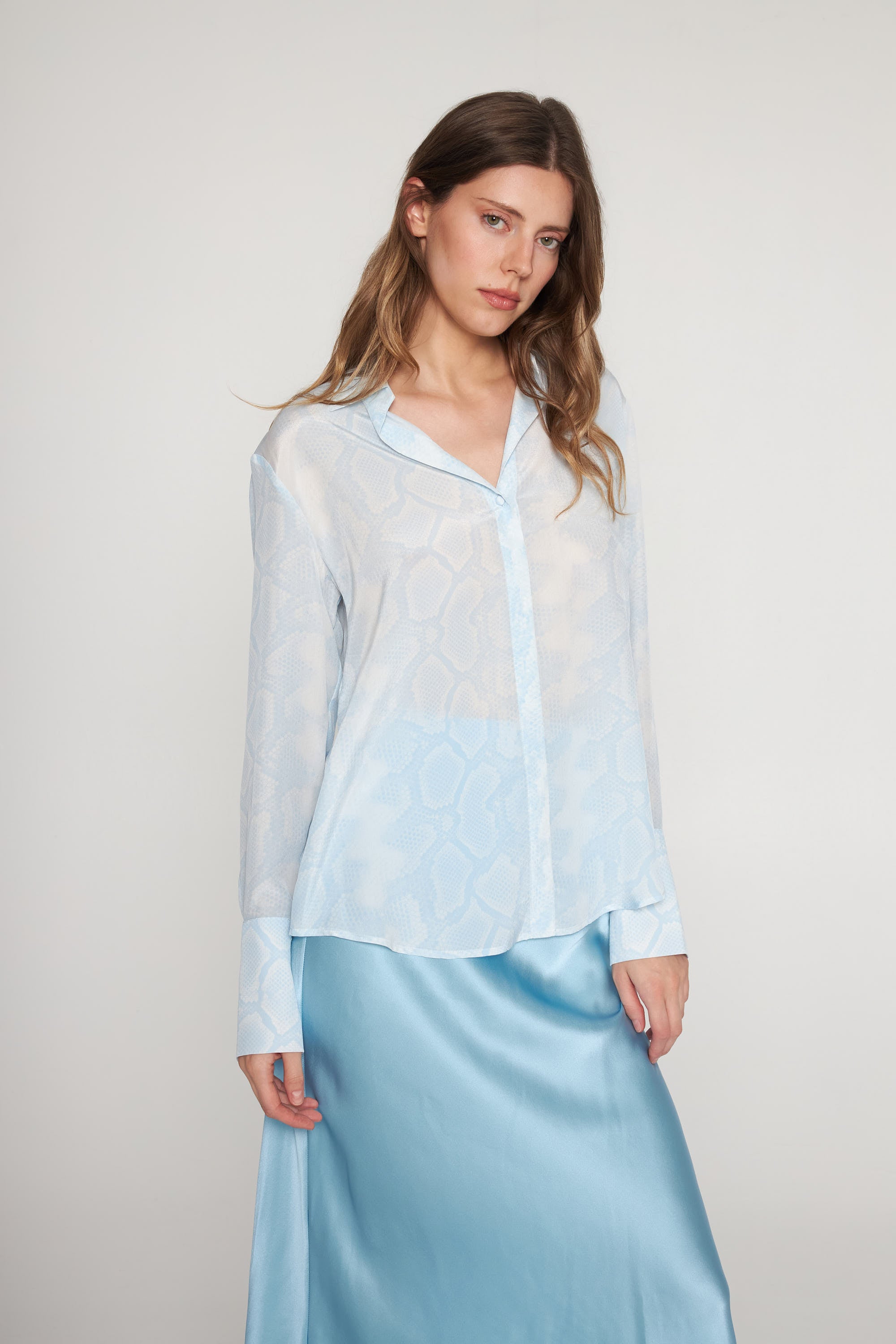Daria French Cuff Silk Blouse - Sky Blue Snake